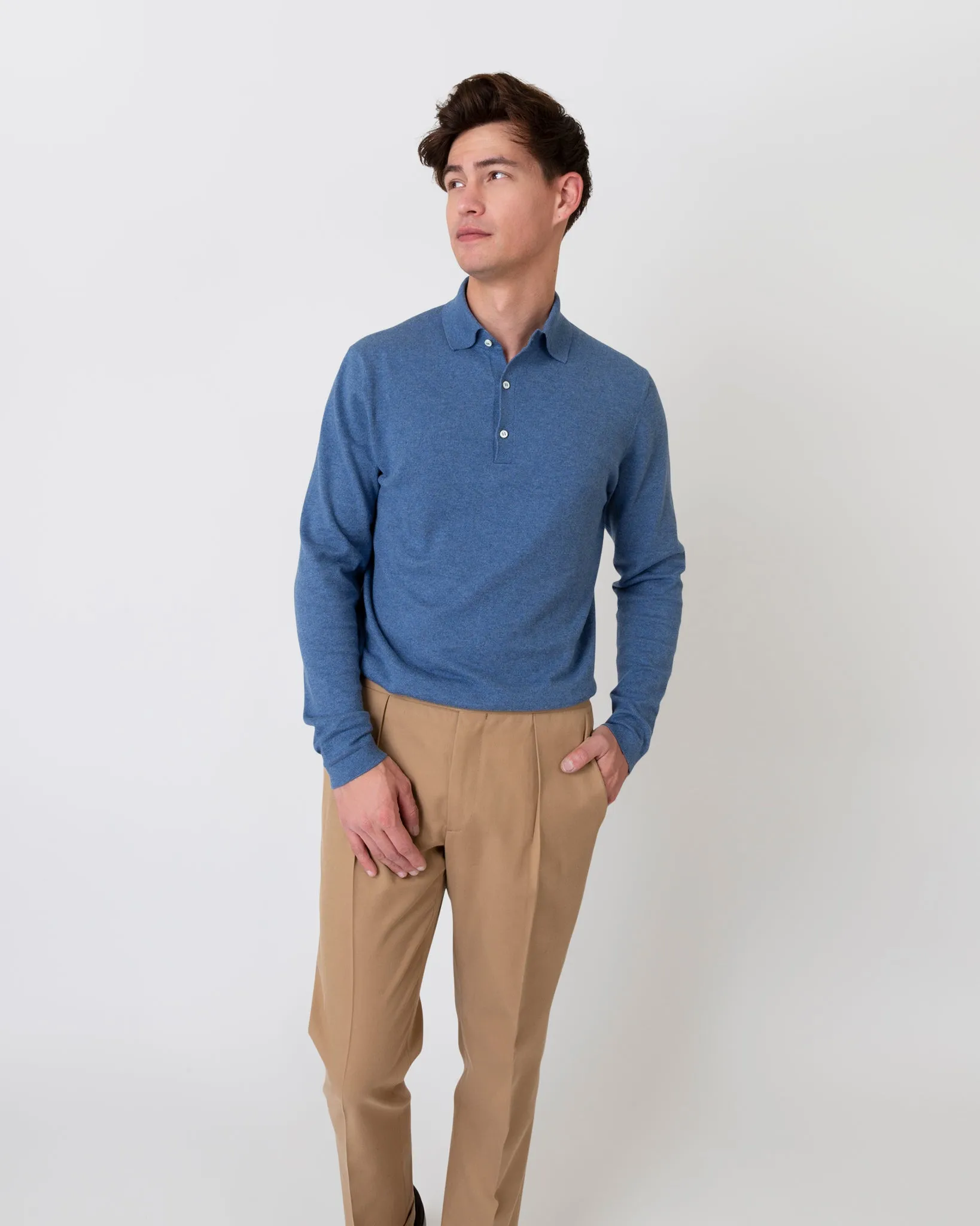 Long-Sleeved Rally Polo Sweater in Harbour Blue Cotton/Cashmere