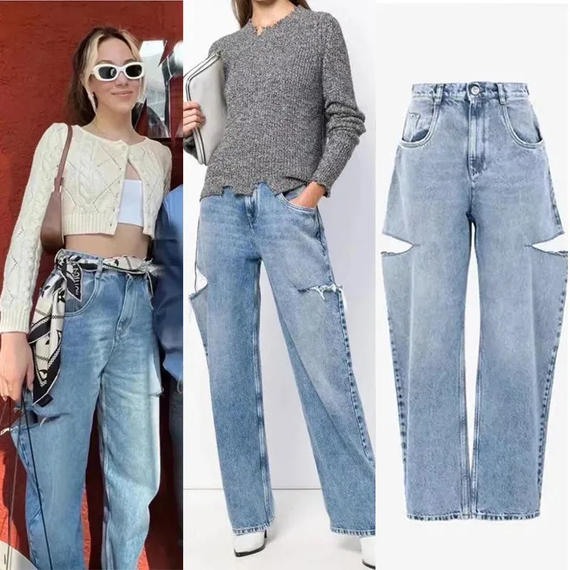 LVSANW 2024 Spring New Retro High Waist Jeans for Women's Casual Straight leg Jeans Korean Edition distressed loose and versatile jeans