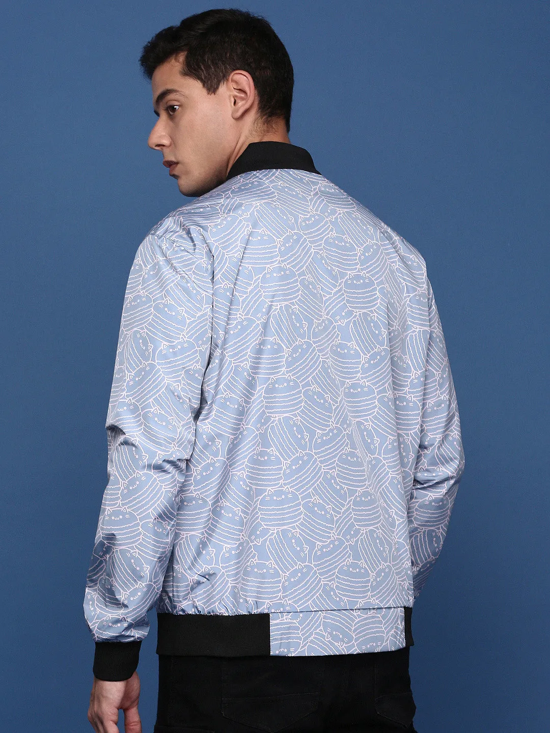 Men Printed Blue Bomber Jacket