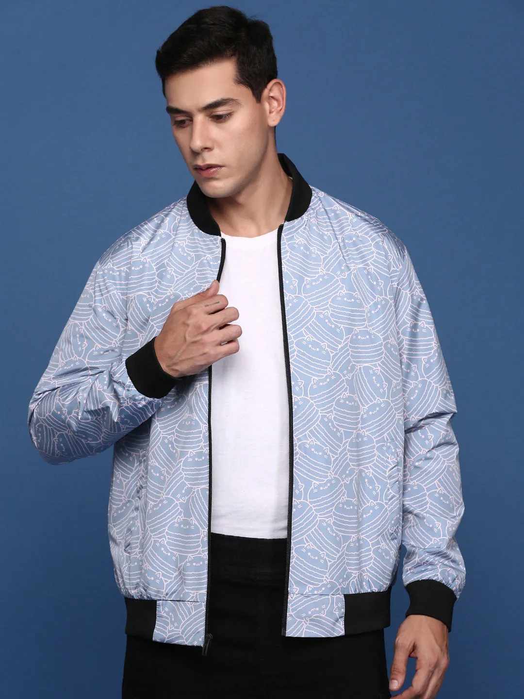 Men Printed Blue Bomber Jacket