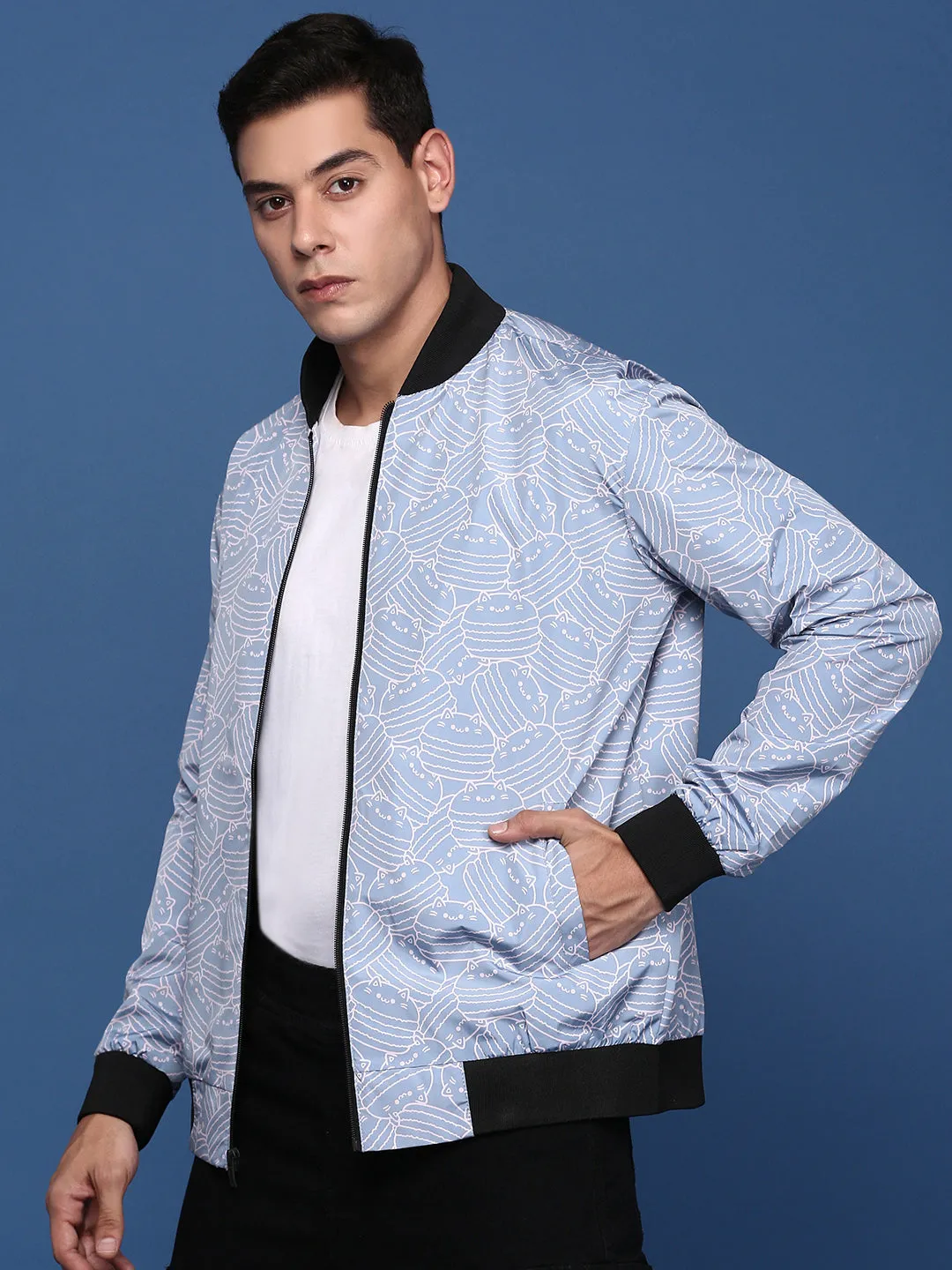 Men Printed Blue Bomber Jacket