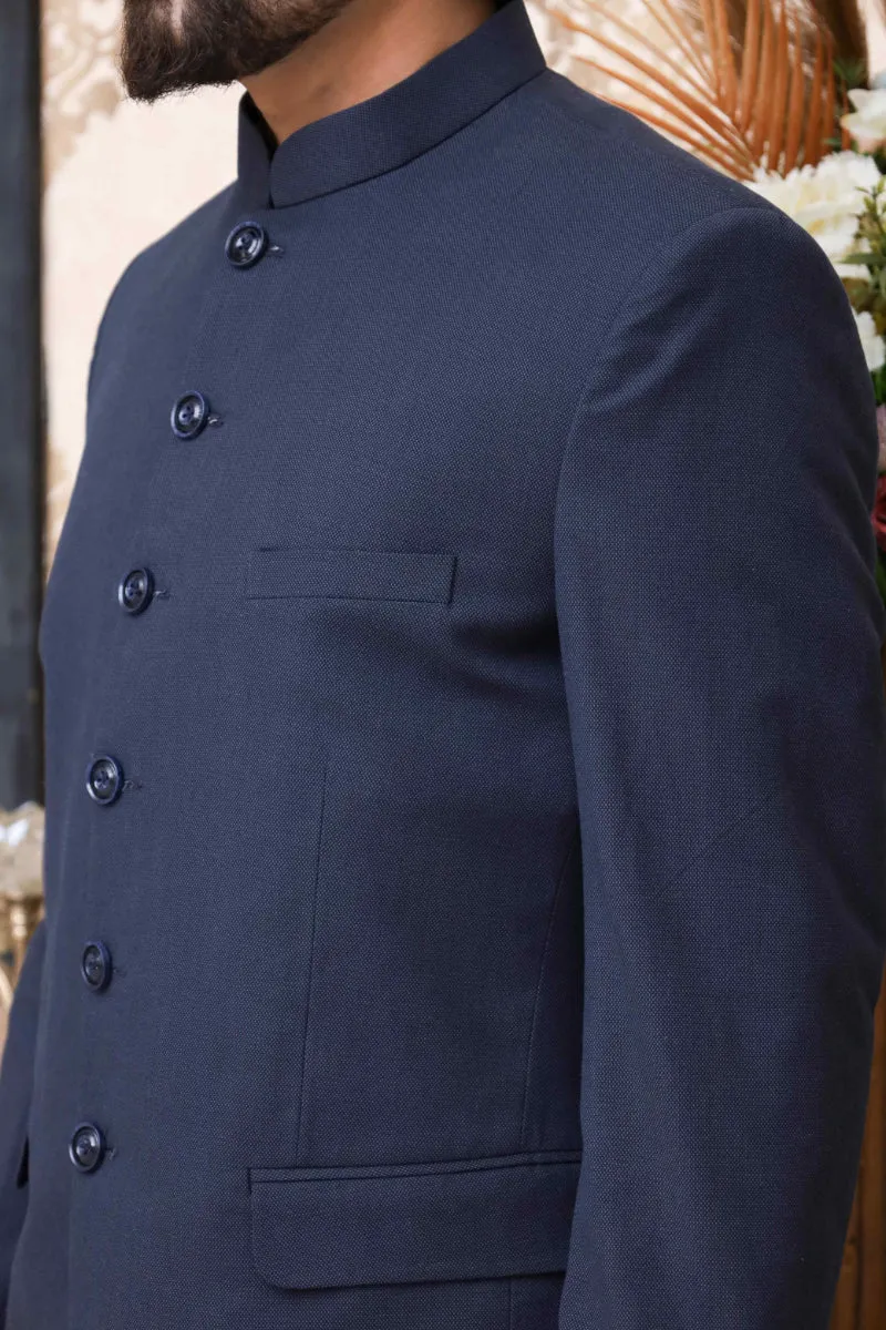 Men Semi-Formal Textured Prince Coat Navy