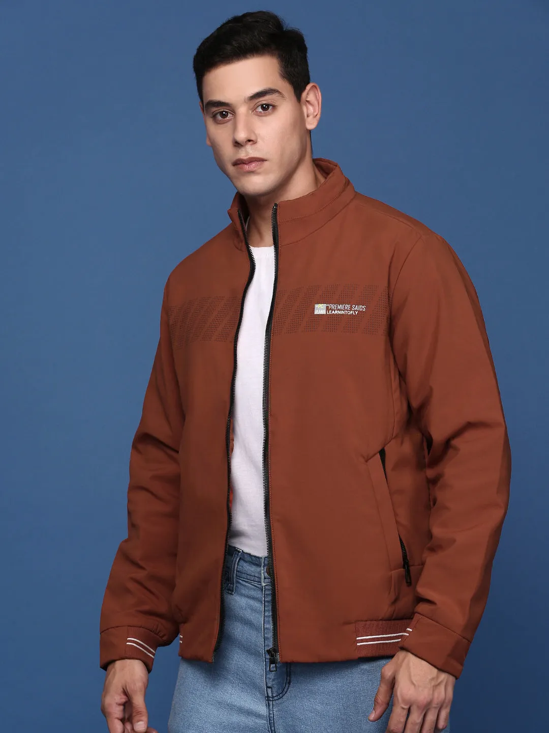 Men Solid Rust Bomber Jacket