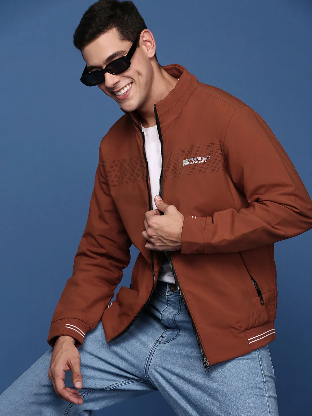 Men Solid Rust Bomber Jacket