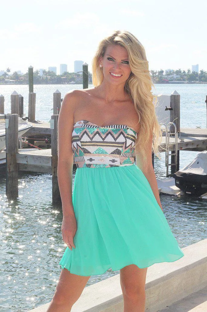 Mint Short Dress With Sequin Top