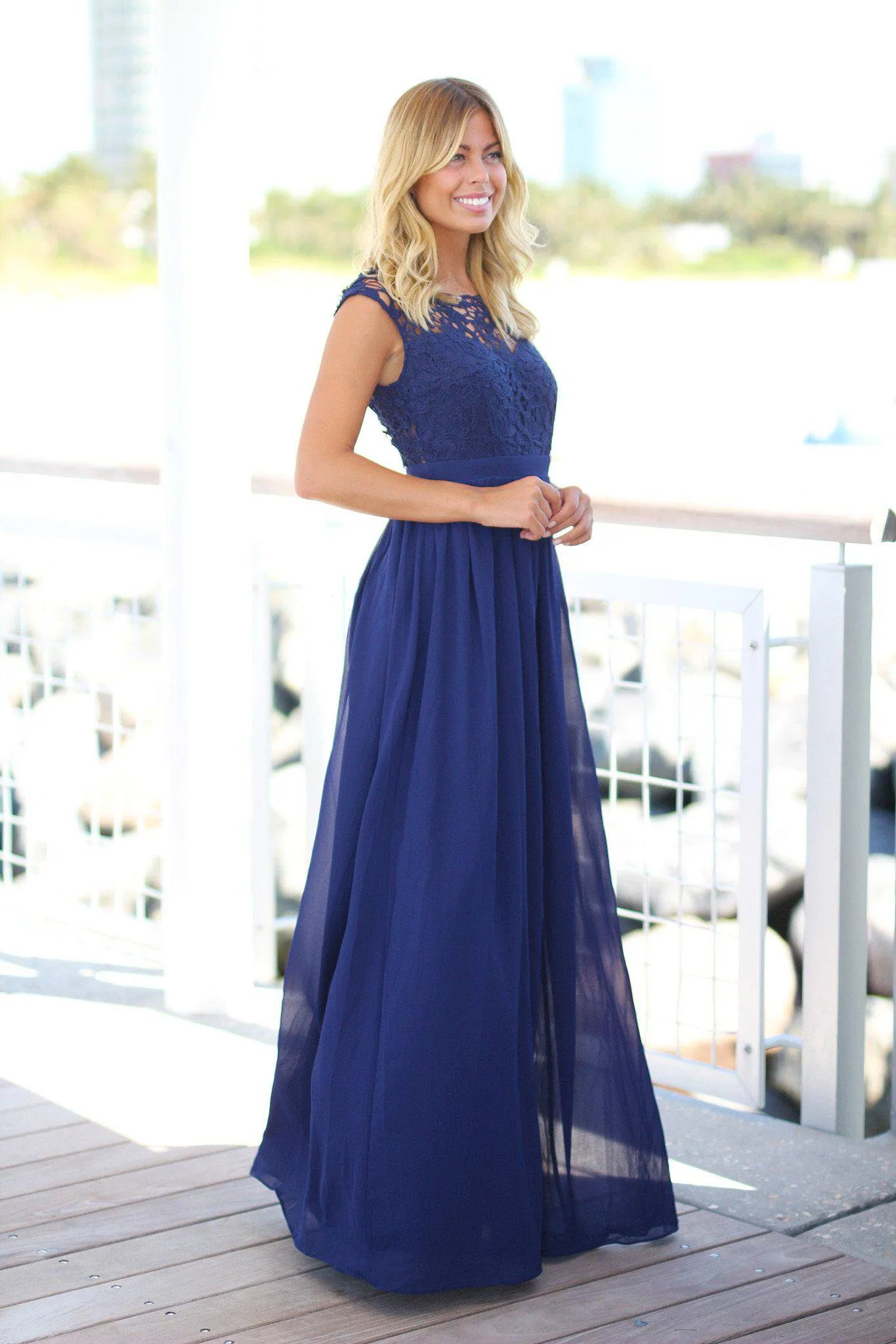 Navy Crochet Maxi Dress with Tulle Back