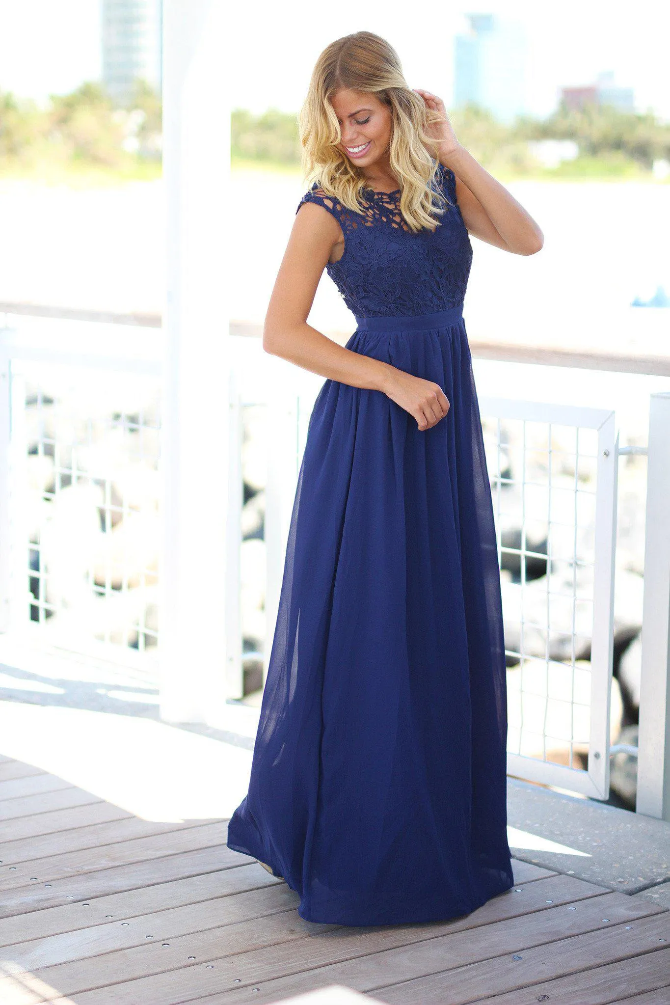 Navy Crochet Maxi Dress with Tulle Back