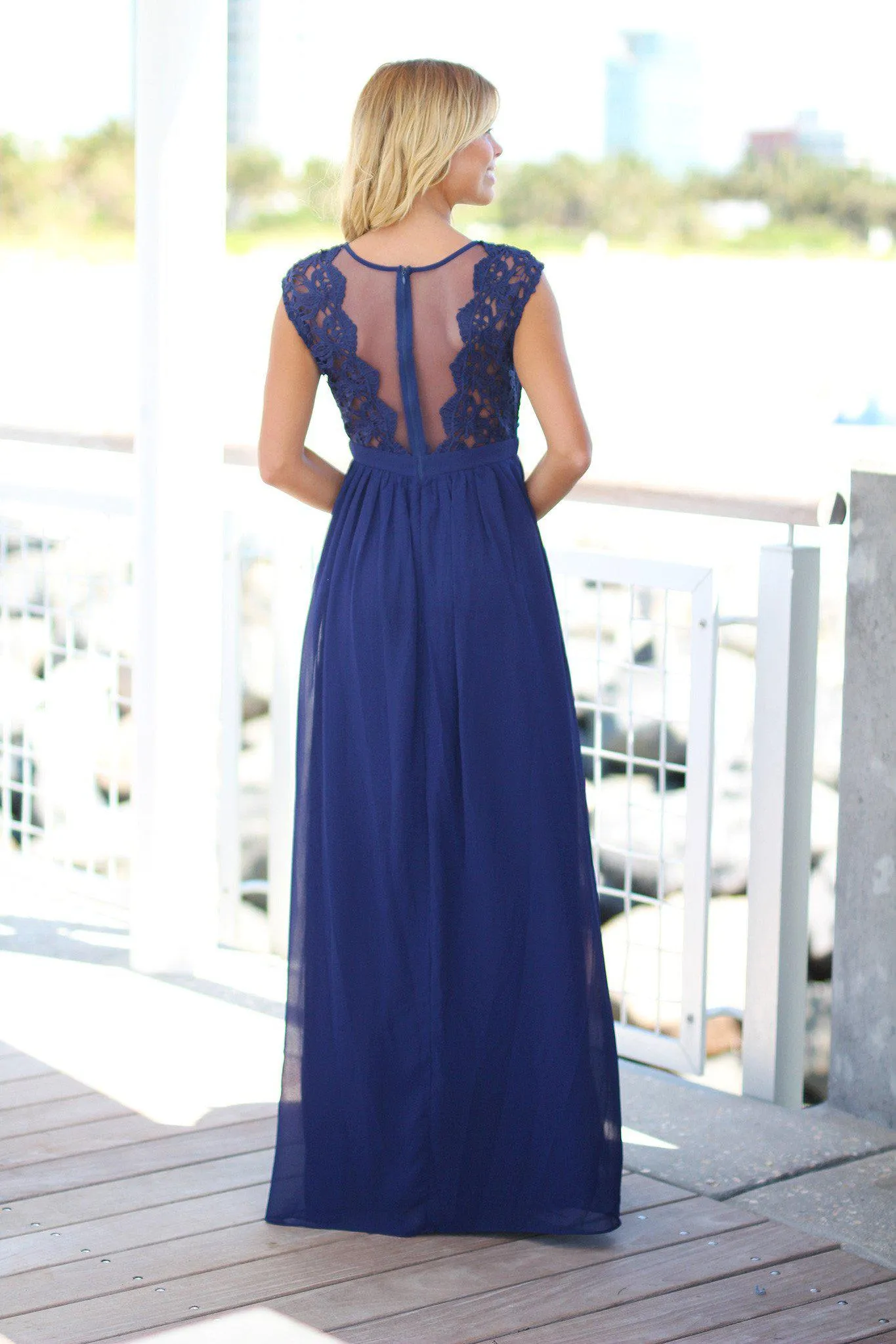 Navy Crochet Maxi Dress with Tulle Back