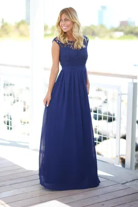 Navy Crochet Maxi Dress with Tulle Back