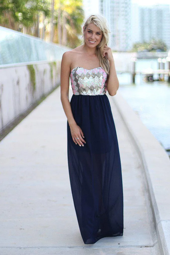 Navy Strapless Maxi Dress with Sequin Top