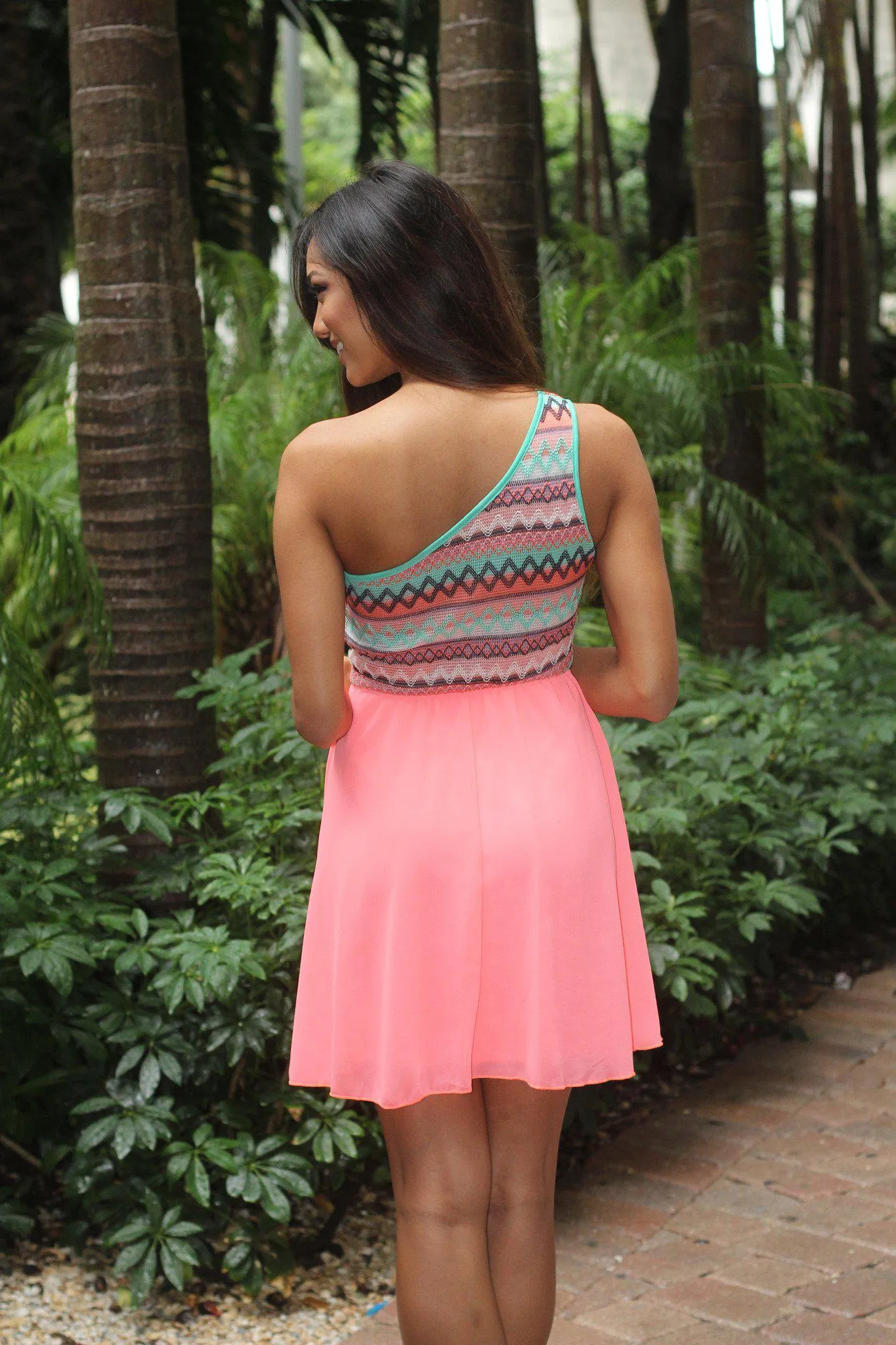 Neon Coral Short Dress With One Shoulder Top