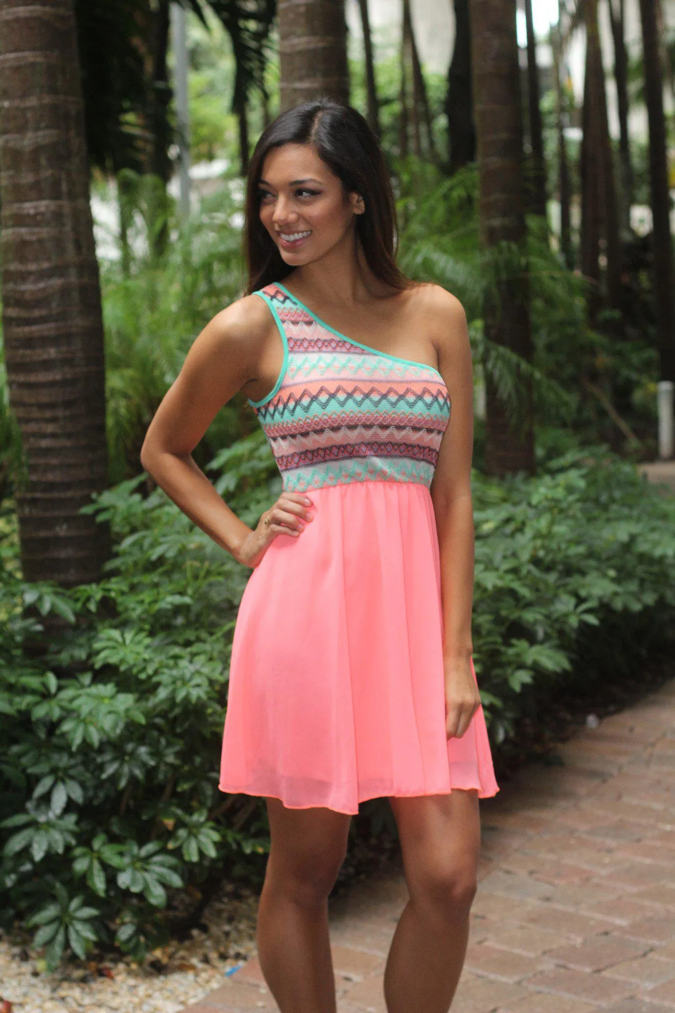 Neon Coral Short Dress With One Shoulder Top