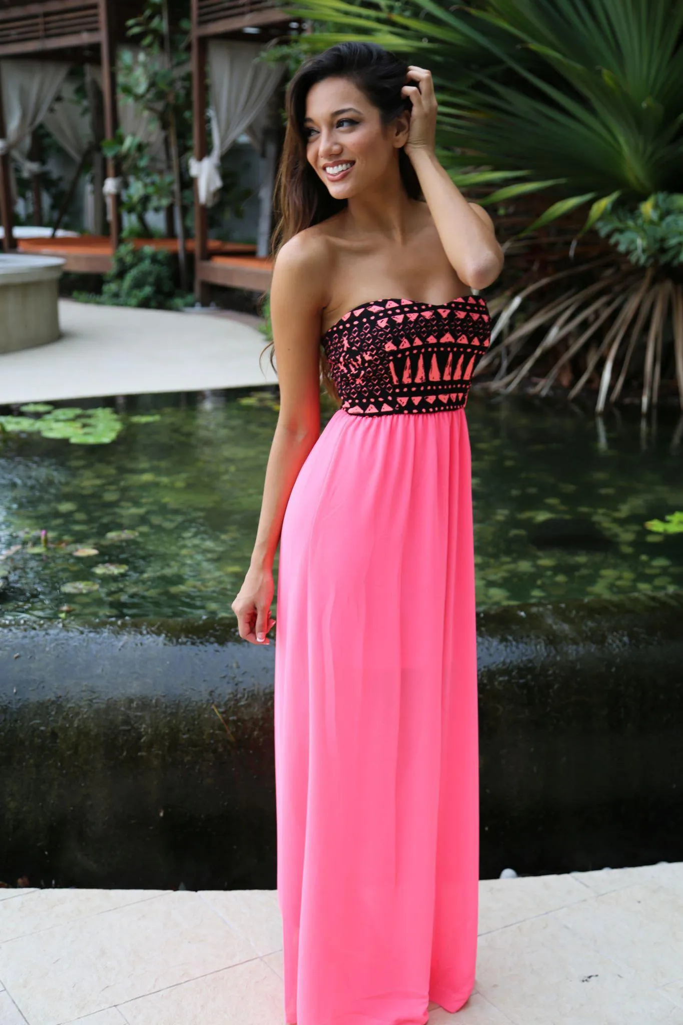 Neon Pink Maxi Dress With Printed Top