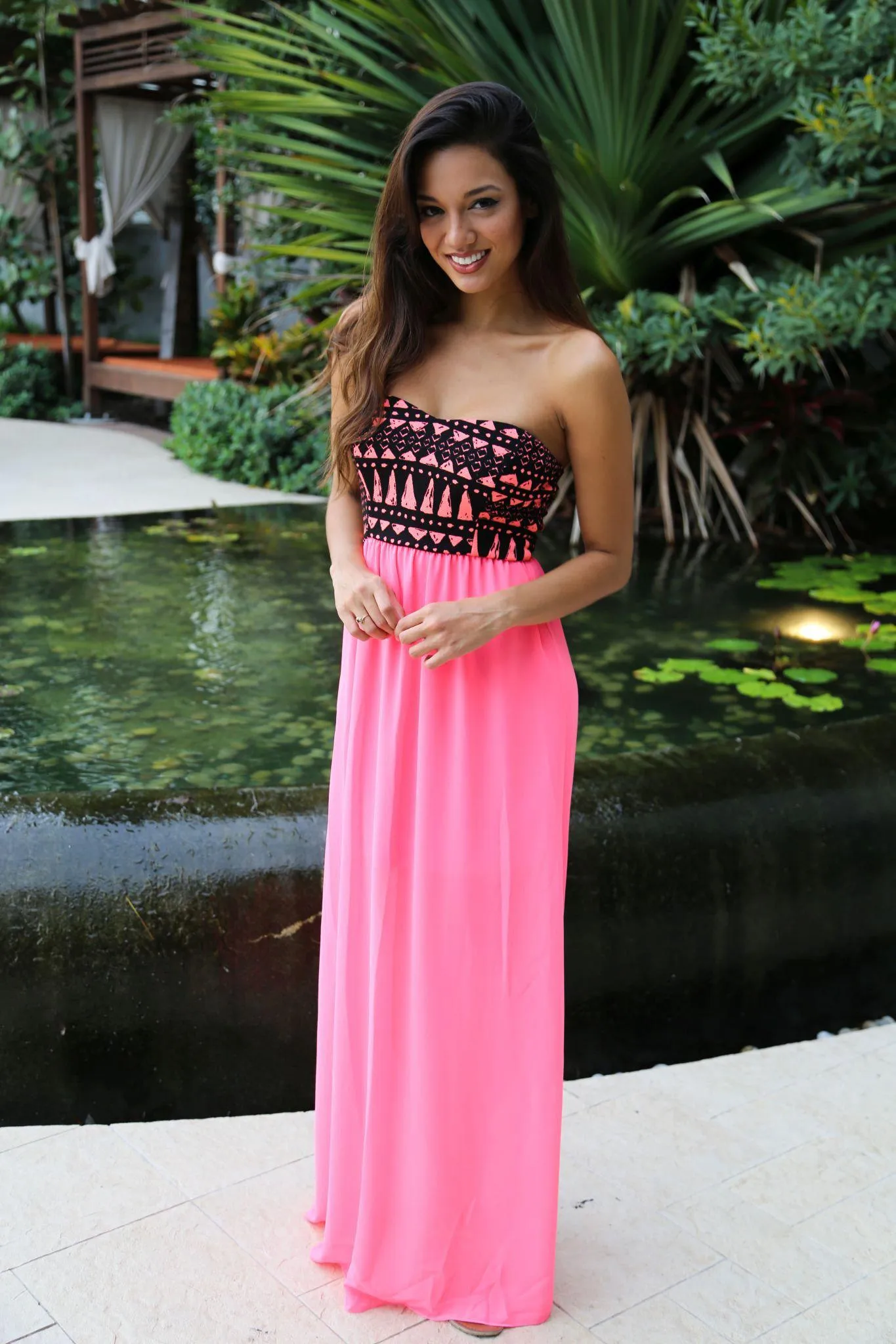 Neon Pink Maxi Dress With Printed Top