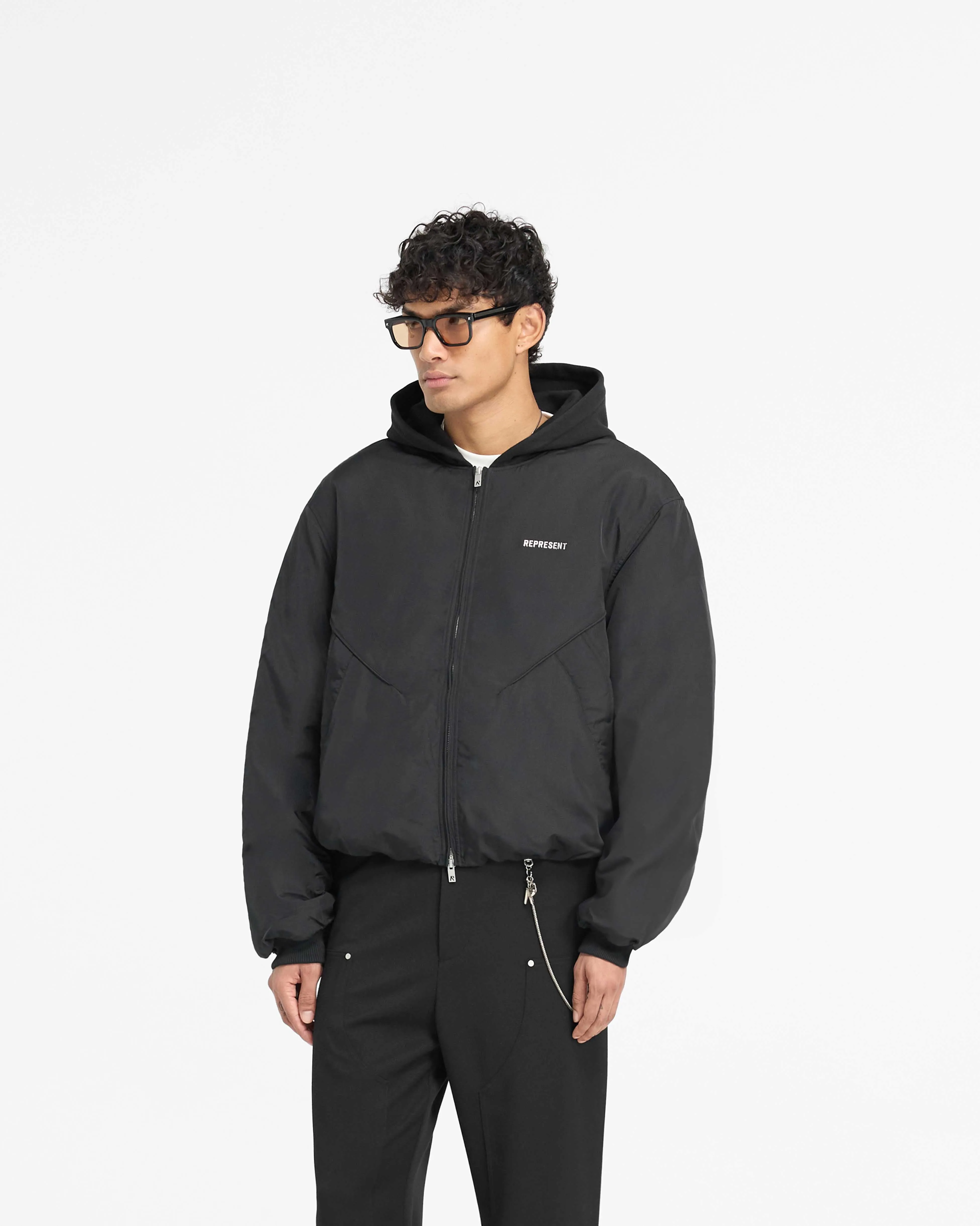 Nylon Hooded Bomber Jacket - Black