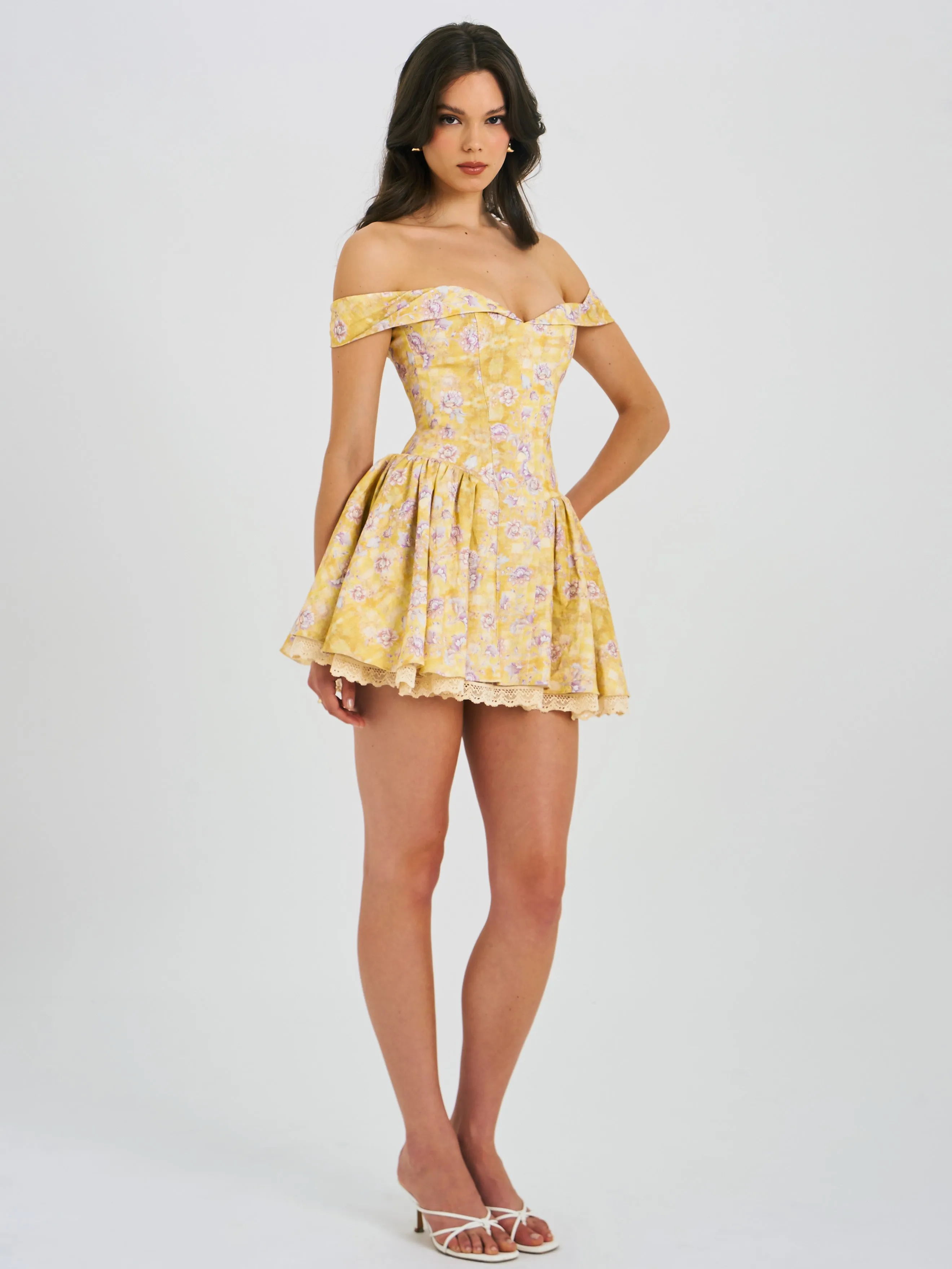 Oana Floral Print Linen Collared Off Shoulder Mini Dress