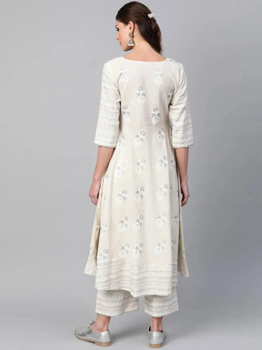 Off-White Printed Cotton Anarkali Kurta With Palazzos