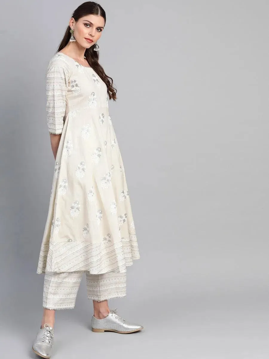 Off-White Printed Cotton Anarkali Kurta With Palazzos