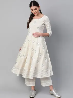 Off-White Printed Cotton Anarkali Kurta With Palazzos