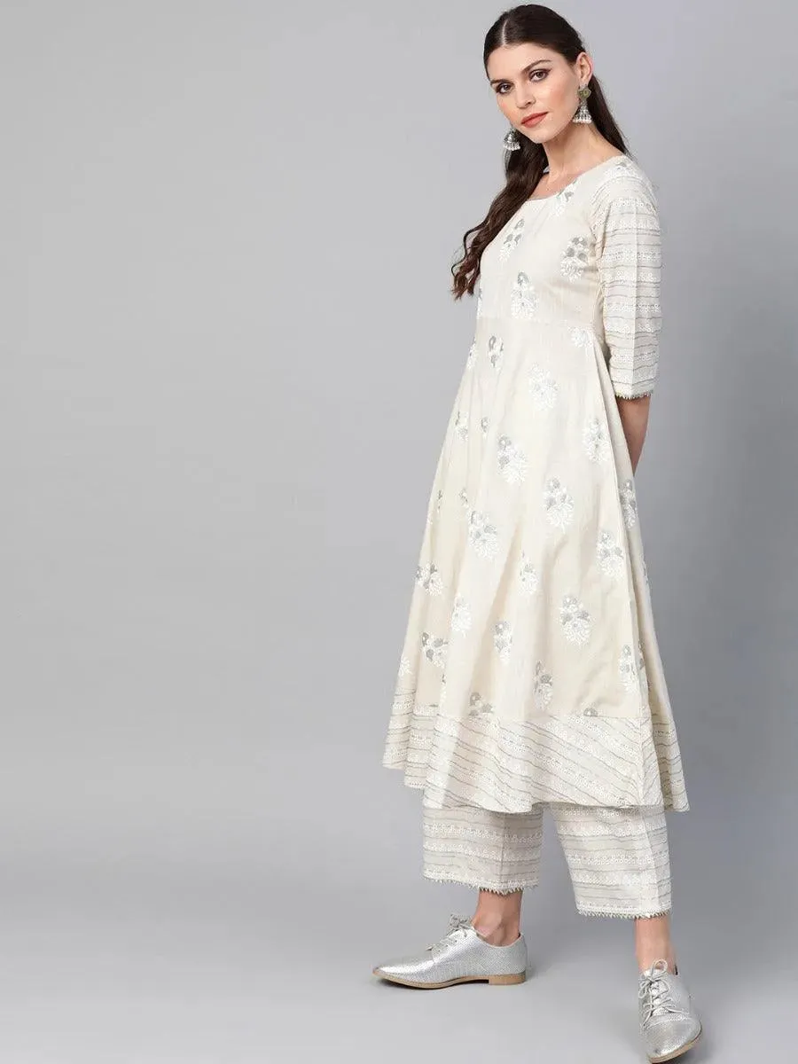 Off-White Printed Cotton Anarkali Kurta With Palazzos