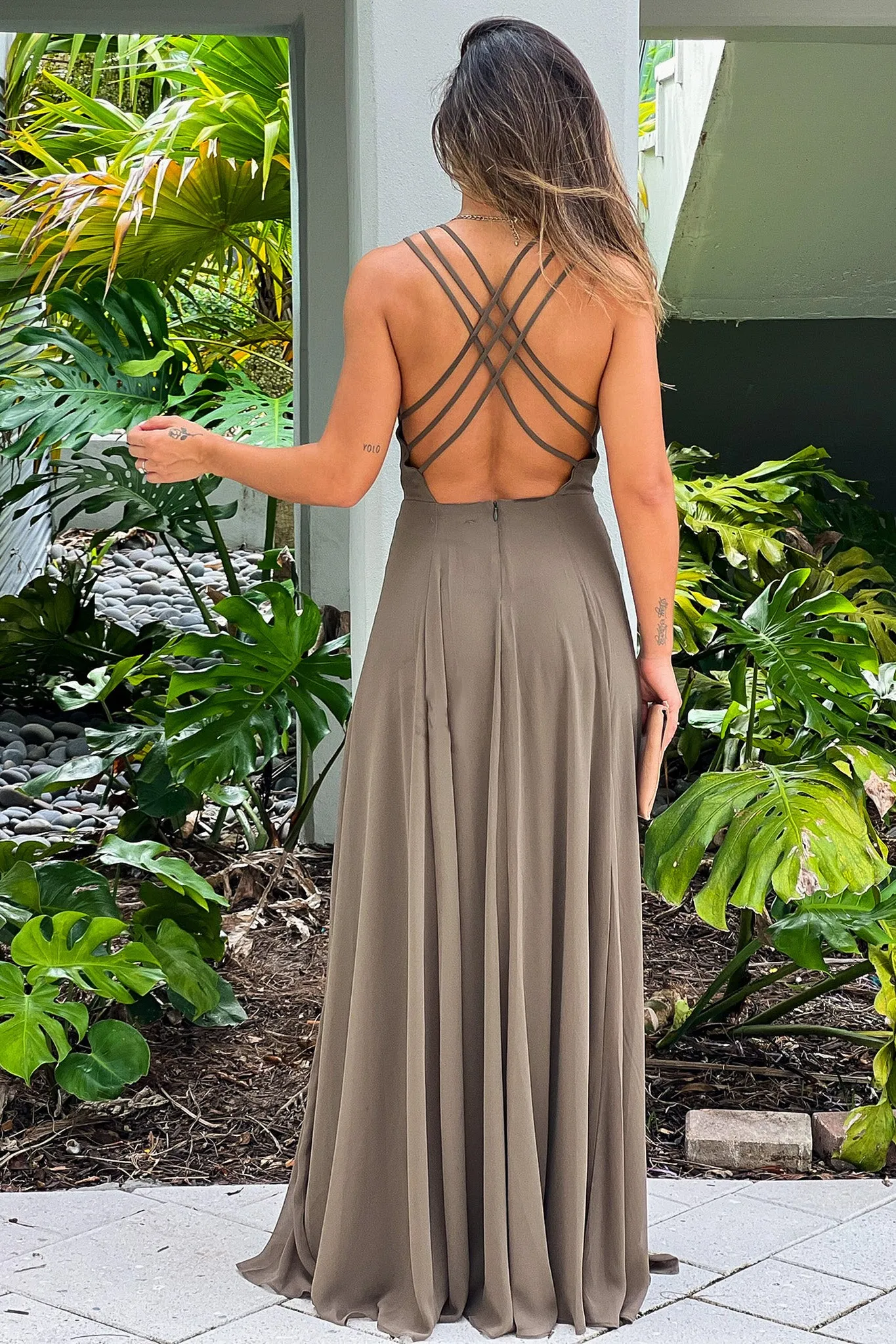 Olive Maxi Dress With Criss Cross Back