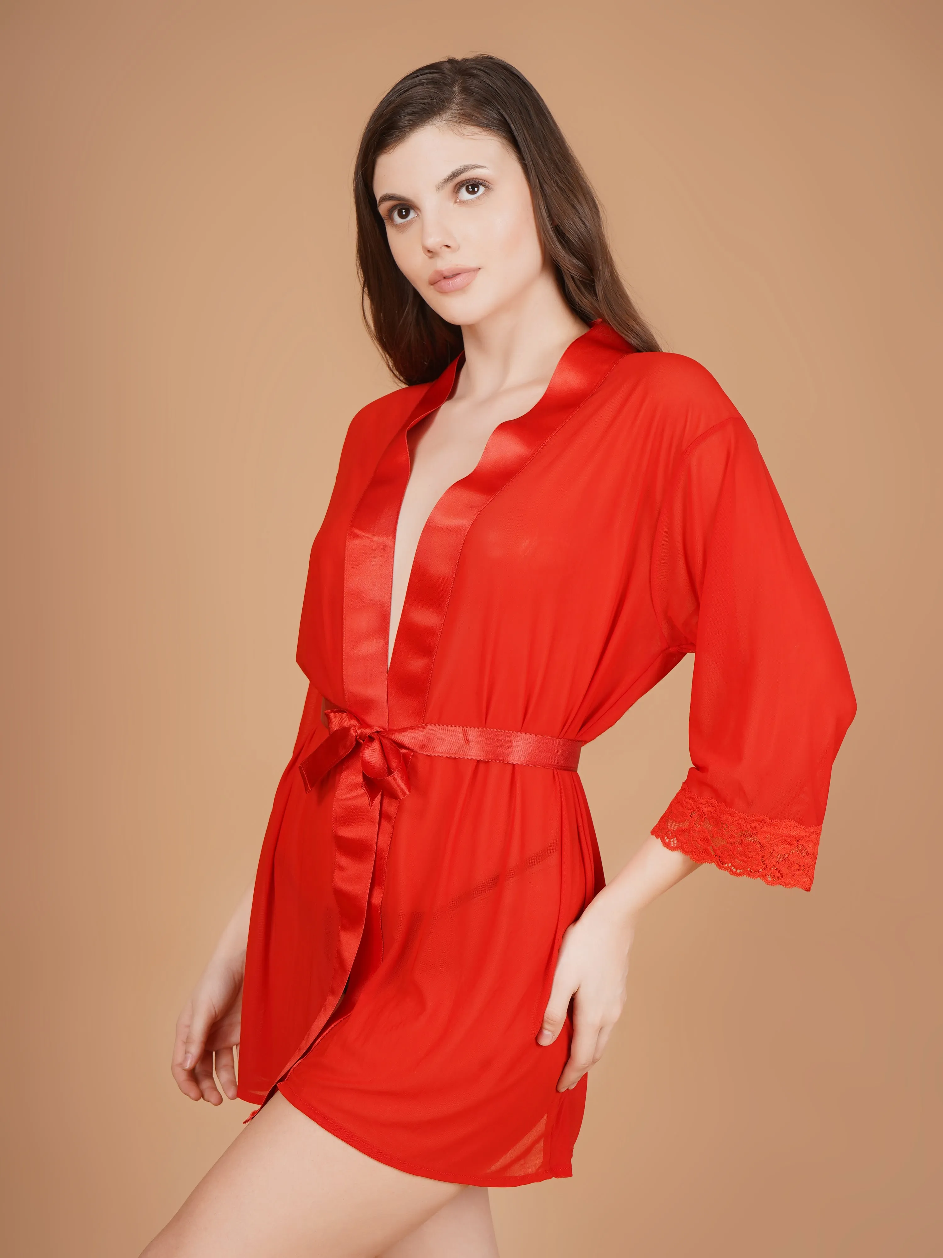 Overall Net With Satin Lace Robe-Red