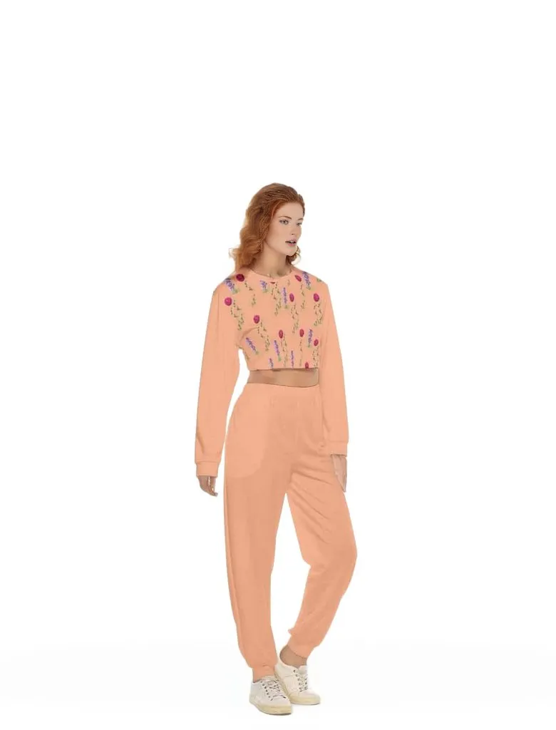 Peach Floral Womens Crop Sweatshirt Suit