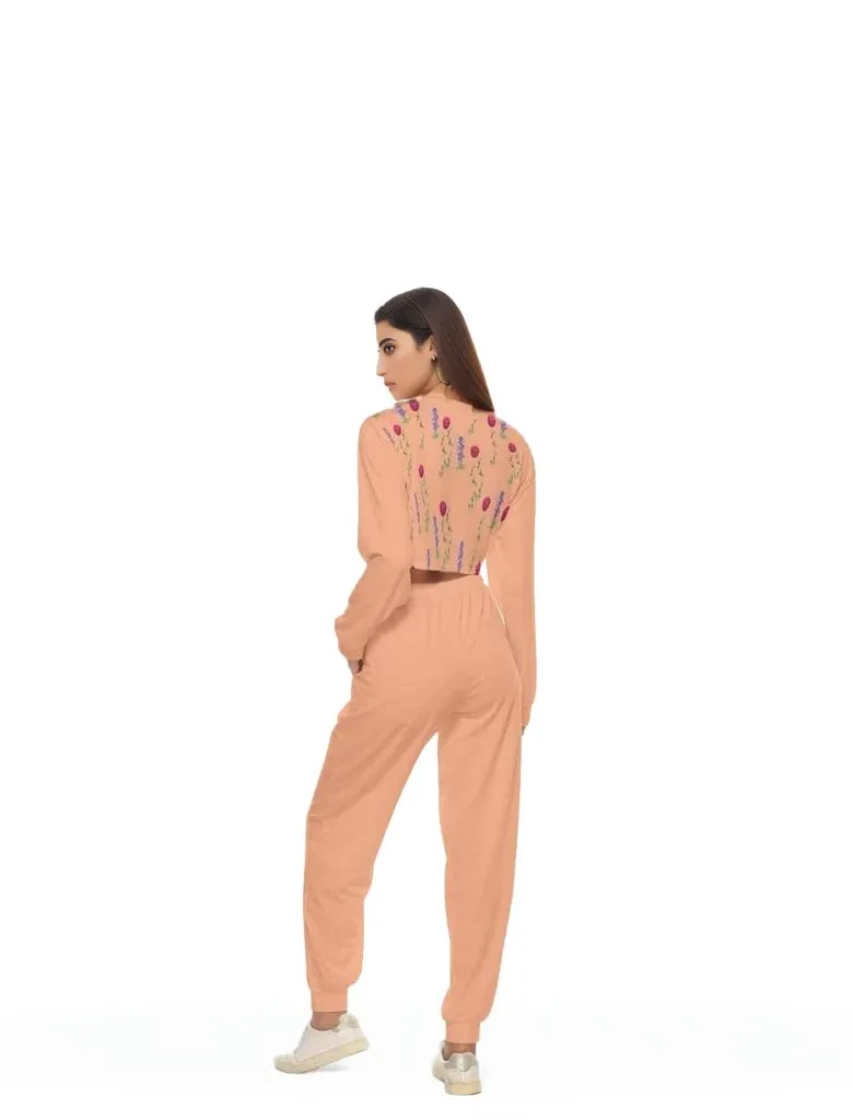 Peach Floral Womens Crop Sweatshirt Suit