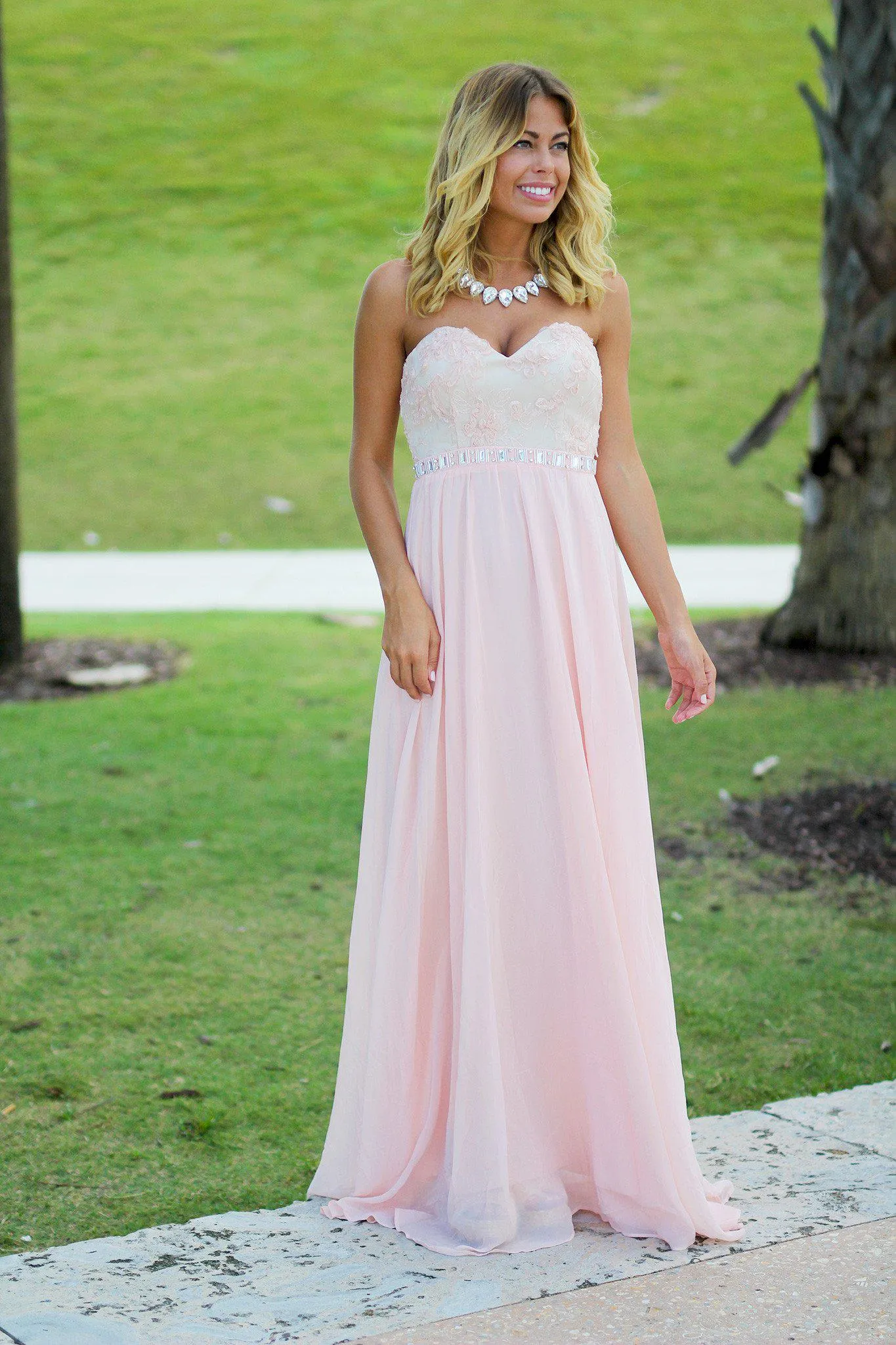 Pink and Beige Lace Top Maxi Dress