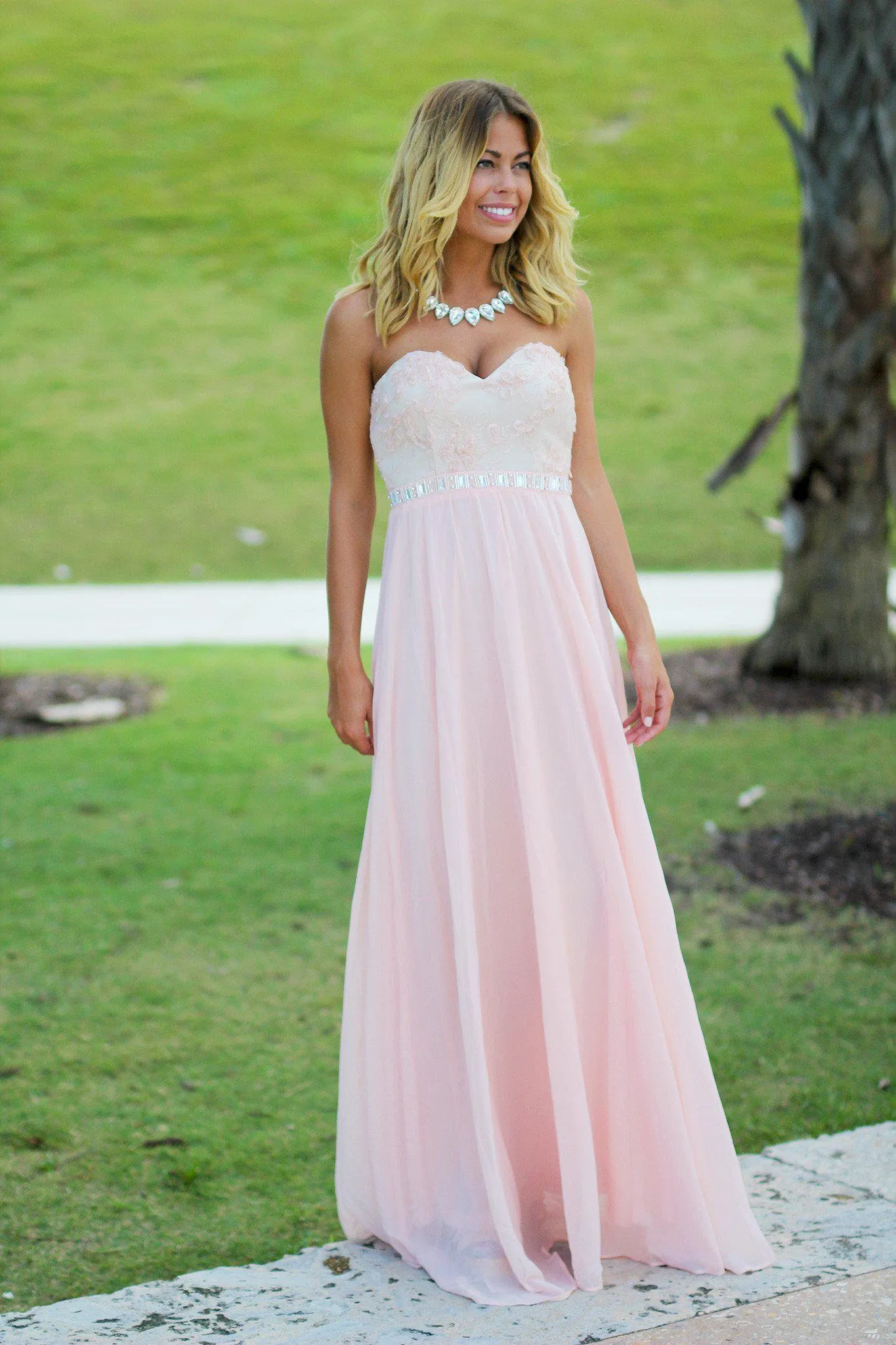 Pink and Beige Lace Top Maxi Dress