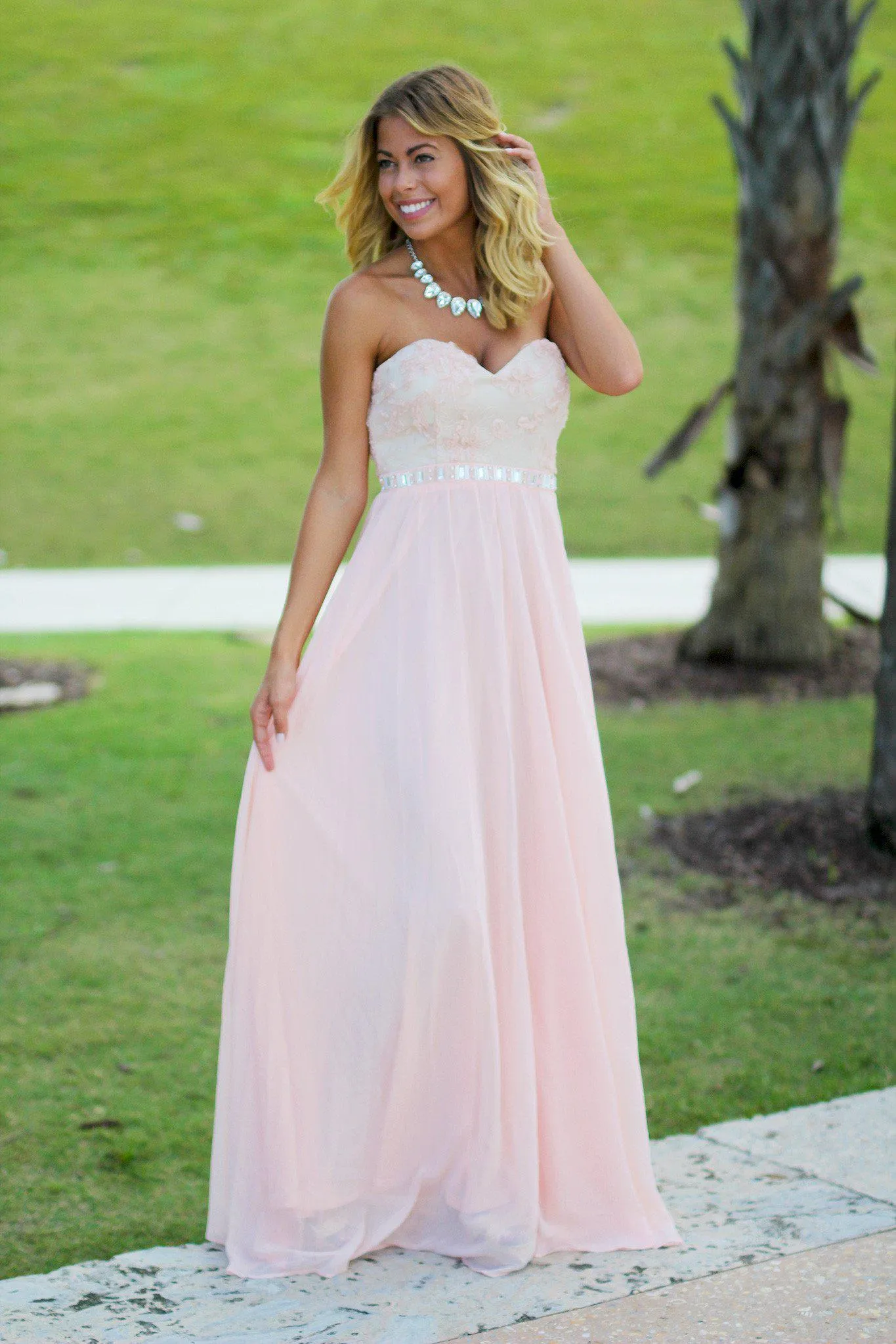 Pink and Beige Lace Top Maxi Dress