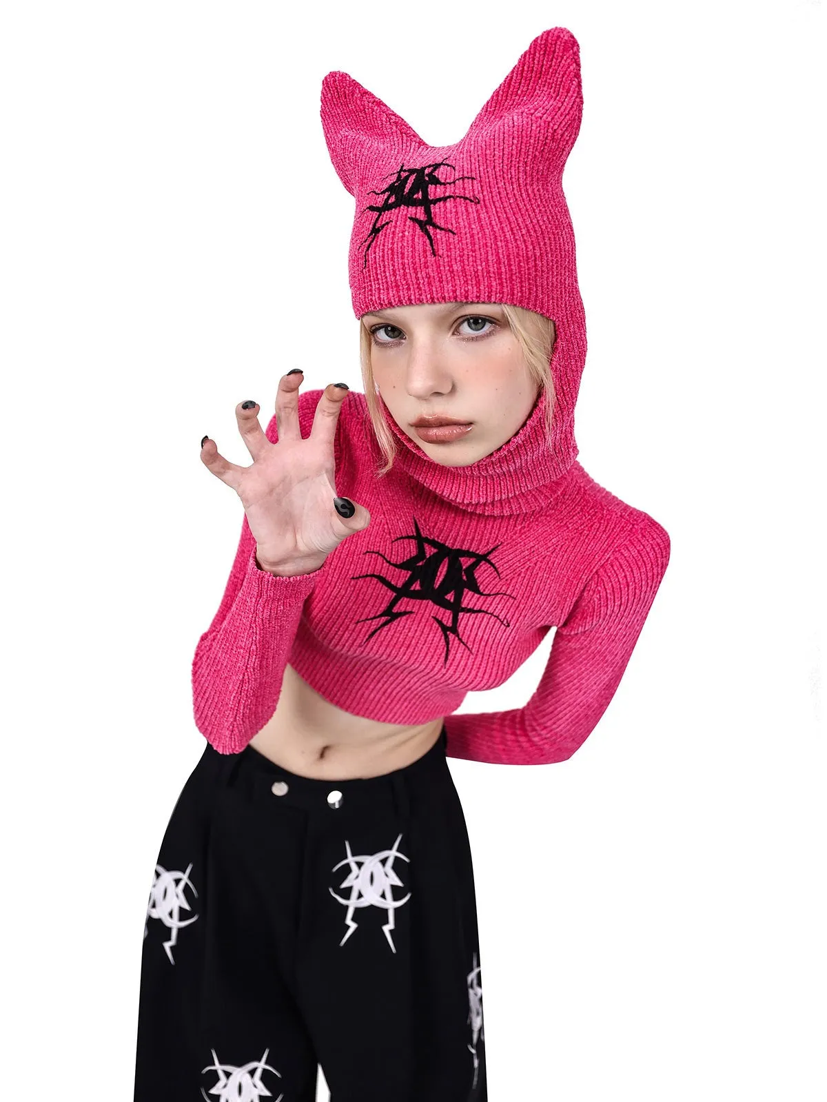 PINKSPINK Cat-Ear Hooded Crop Sweater - Hot Pink and Black