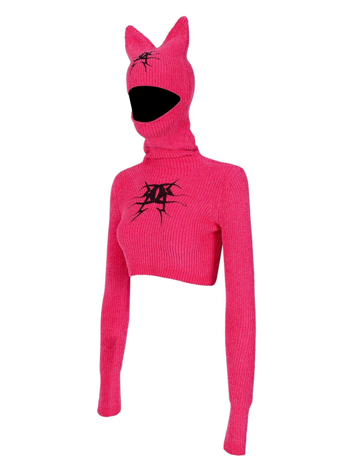 PINKSPINK Cat-Ear Hooded Crop Sweater - Hot Pink and Black