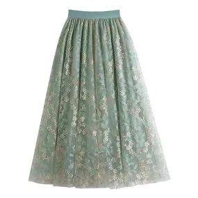 Primrose's Floral Tulle Skirt Embroidered Lace High Waist Midi Skirt