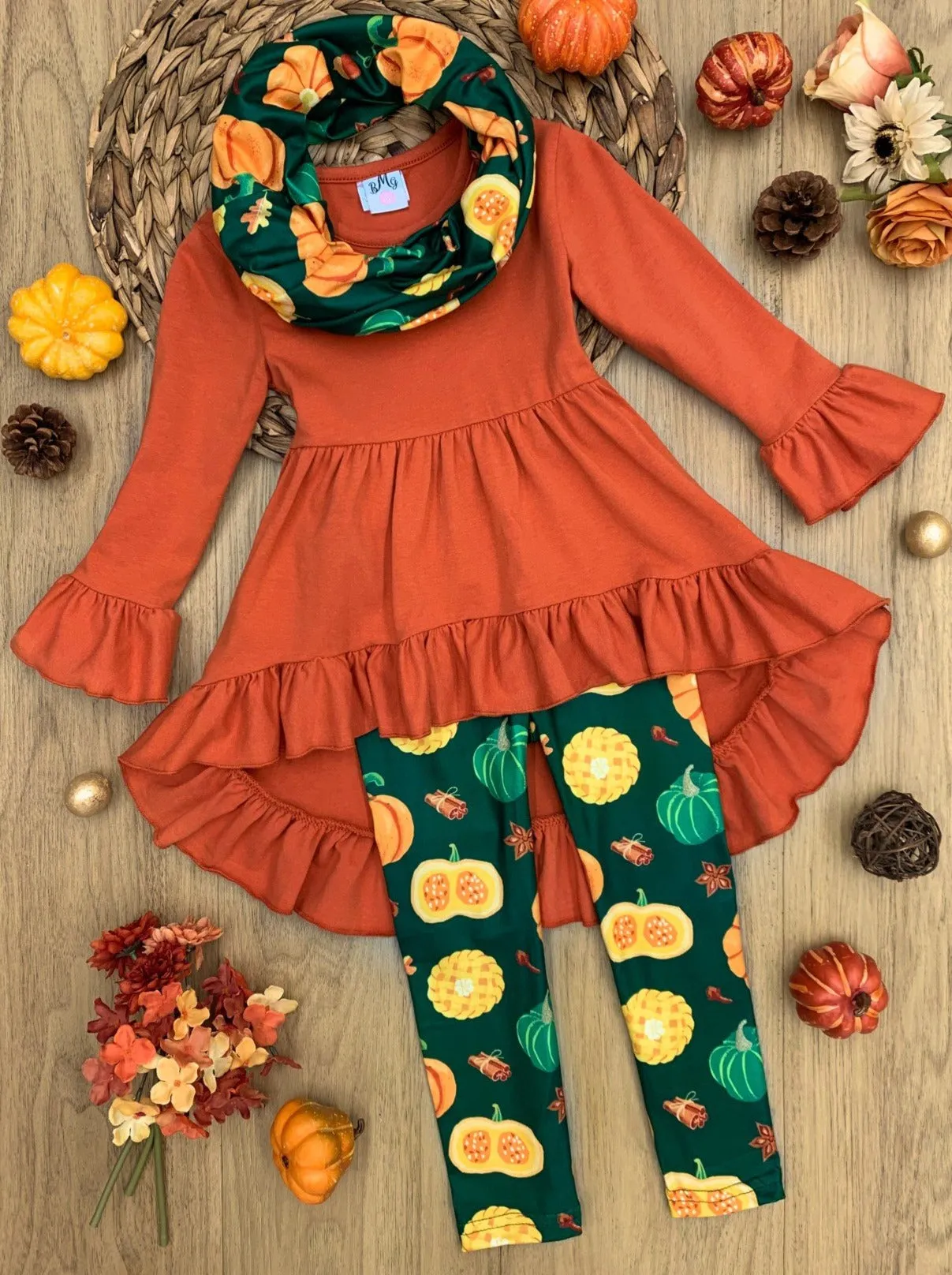 Pumpkin Season Hi-Lo Tunic, Leggings and Scarf Set