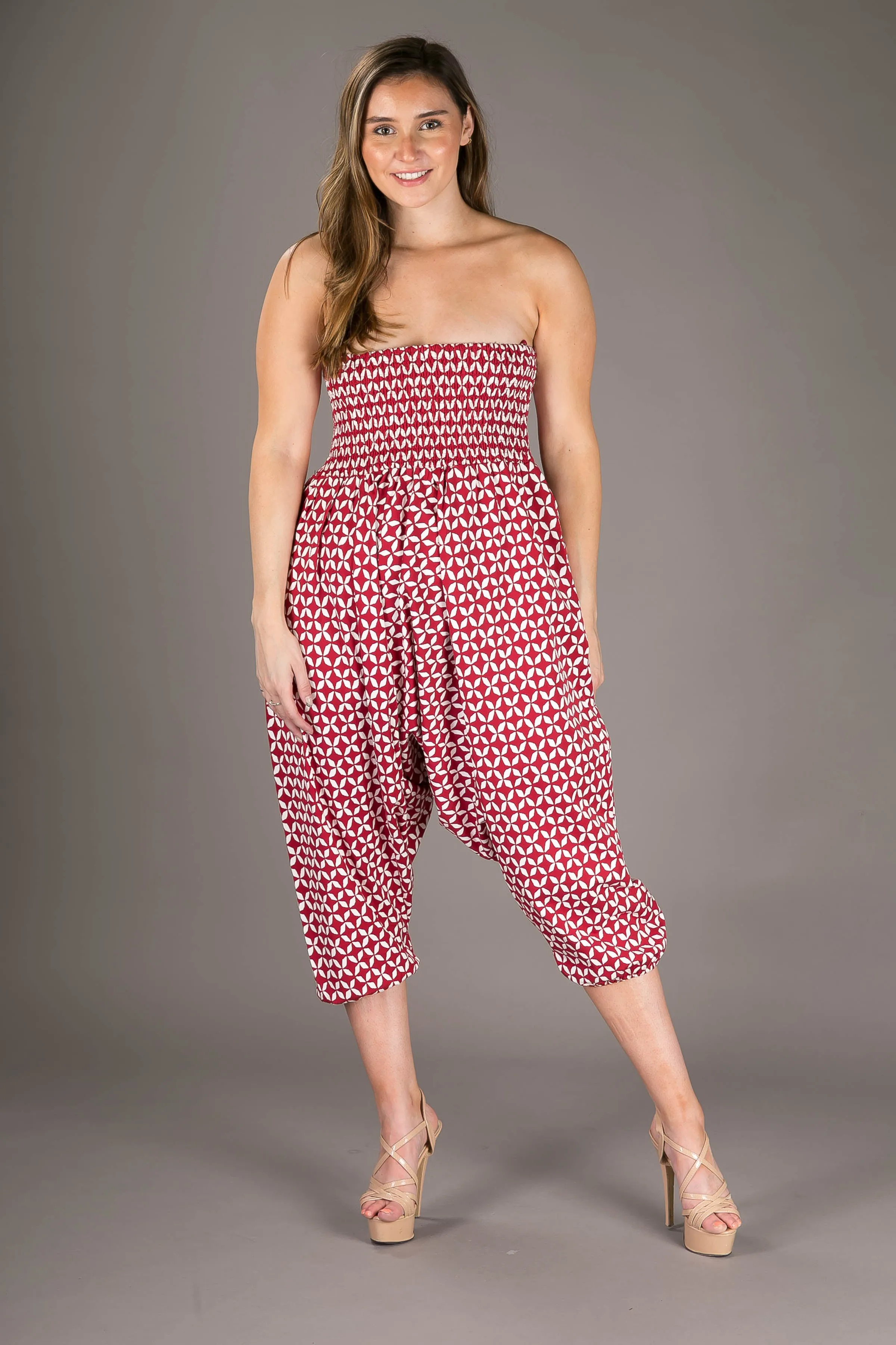 Red Denim Cotton Harem Yoga Jumpsuit Pants