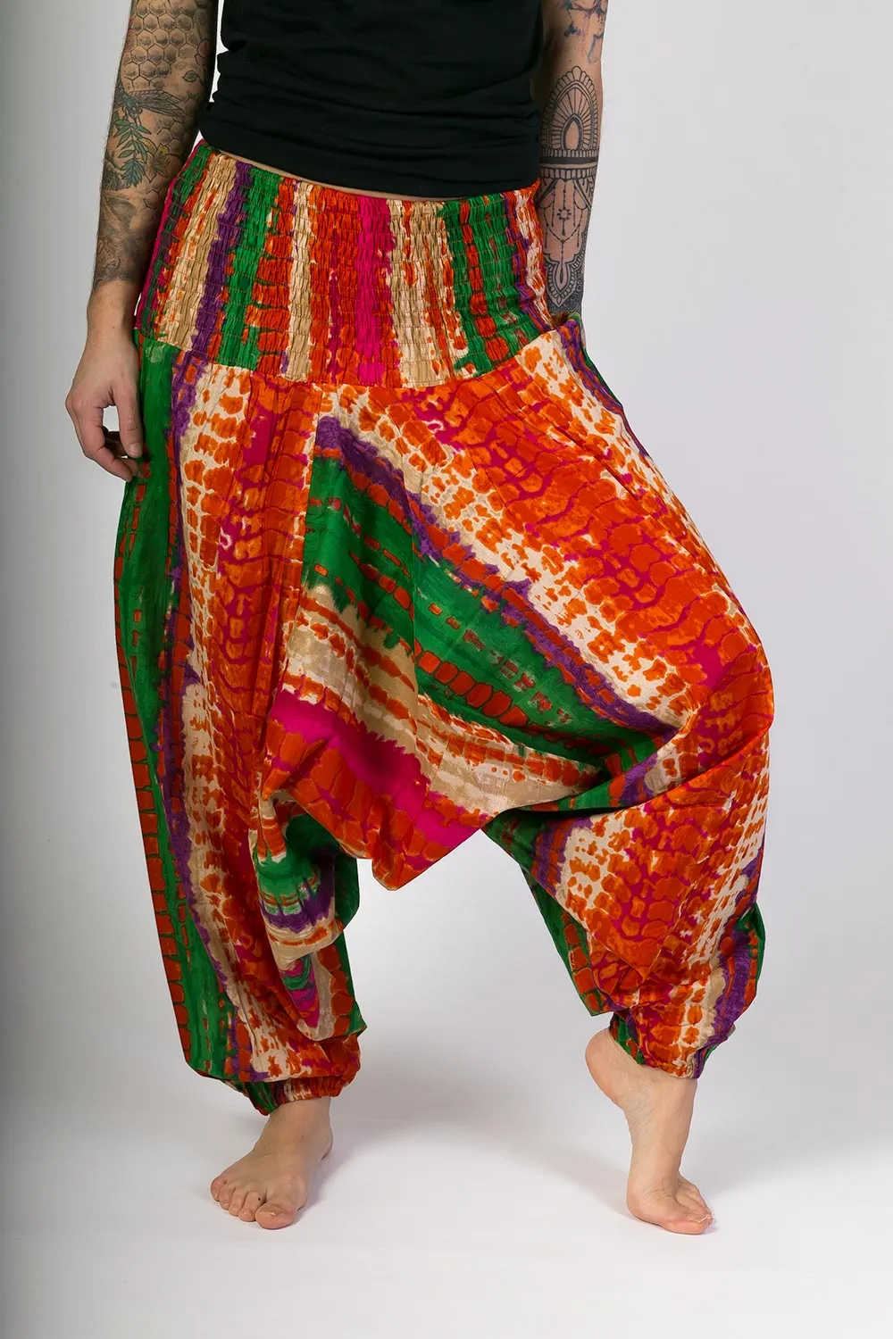 Red Green Print Cotton Harem Yoga Jumpsuit Pants