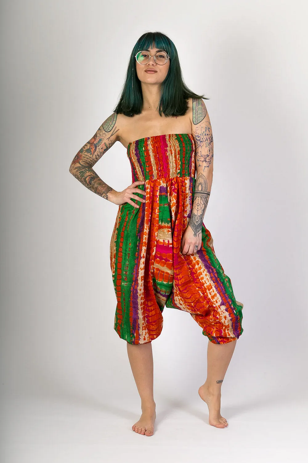 Red Green Print Cotton Harem Yoga Jumpsuit Pants