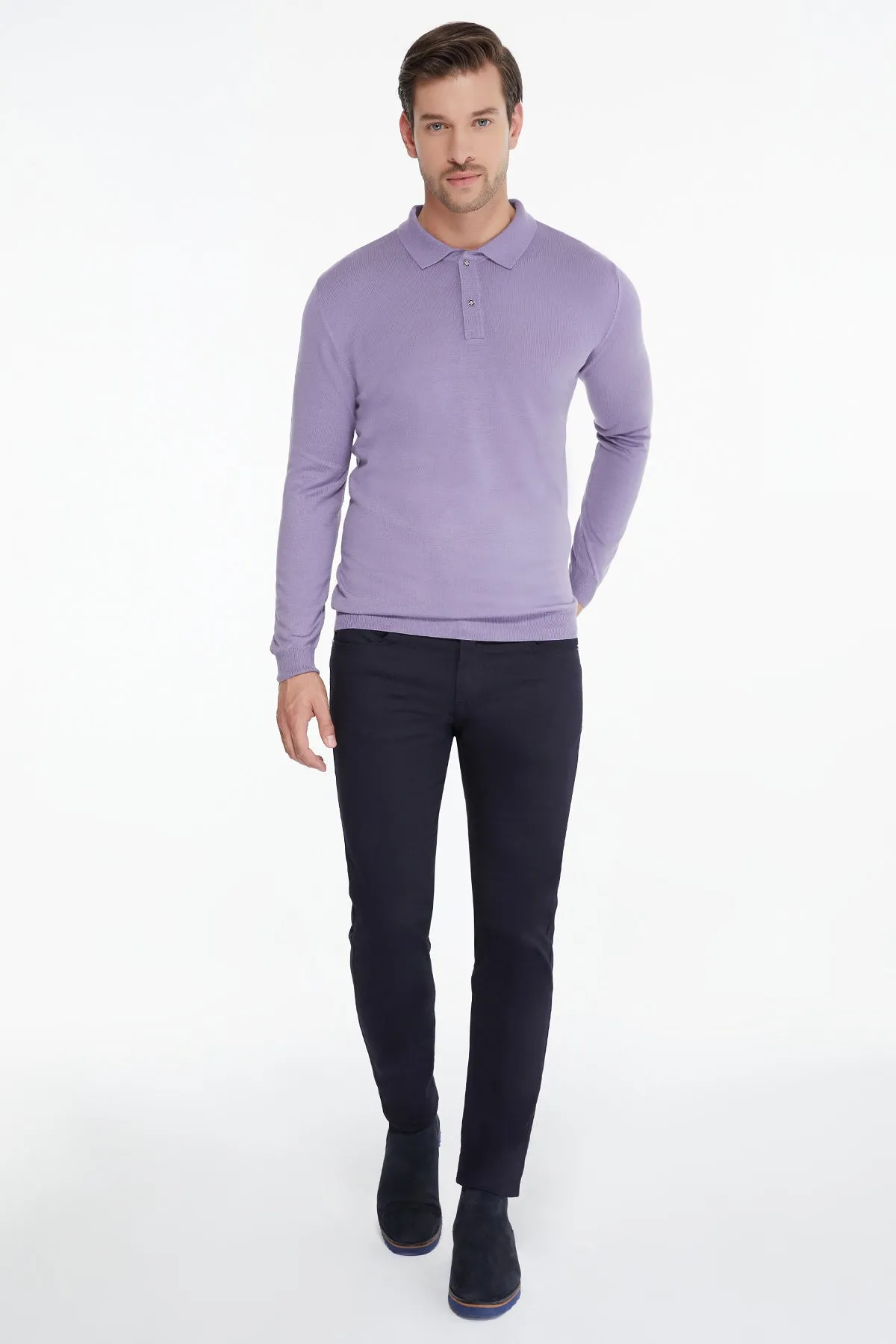 Regular Fit Cotton Blend Light Purple Polo Sweater