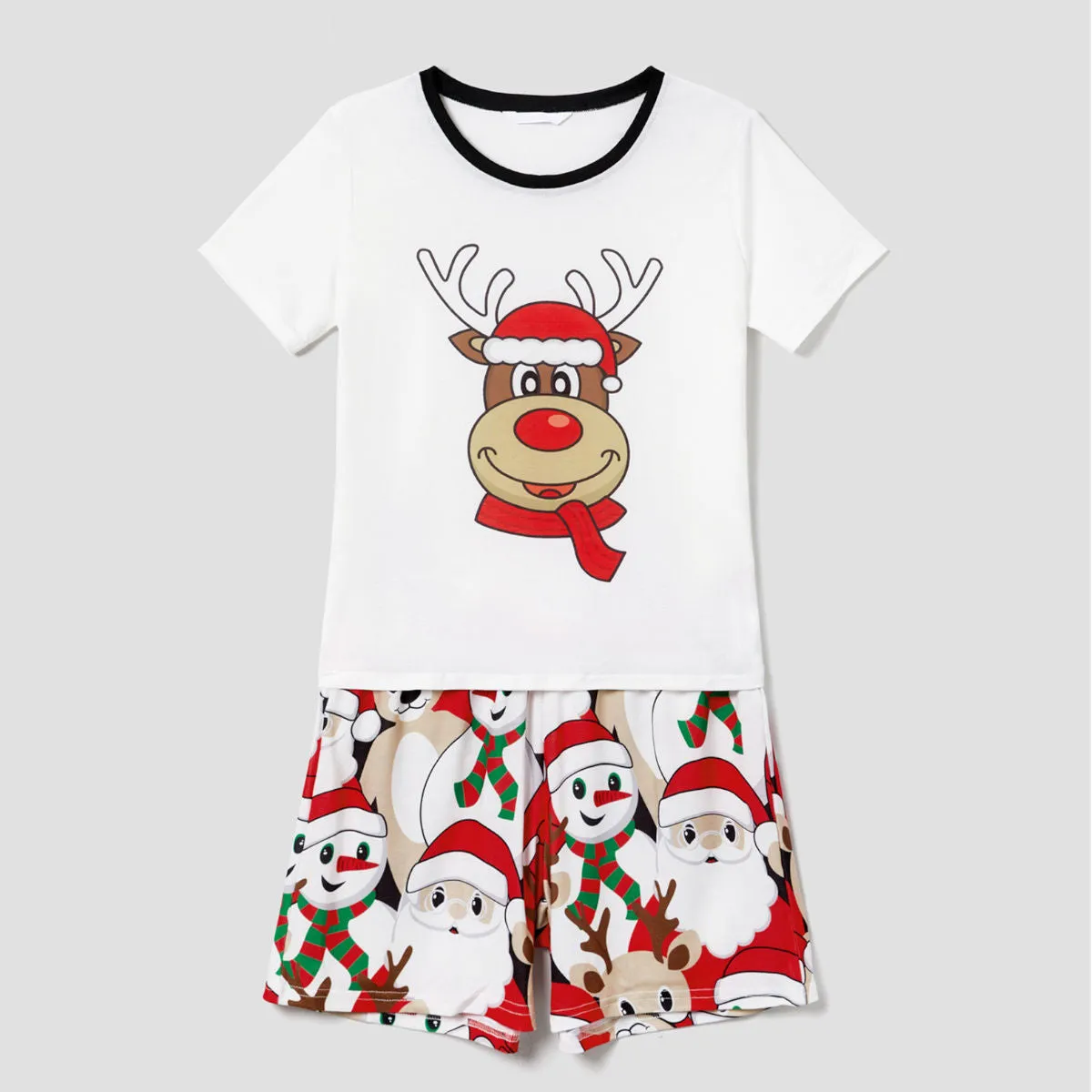 Rudolph Reindeer Hat Scarf Short Sleeve Christmas Pajamas Set Allover Santa Snowman Reindeer Print