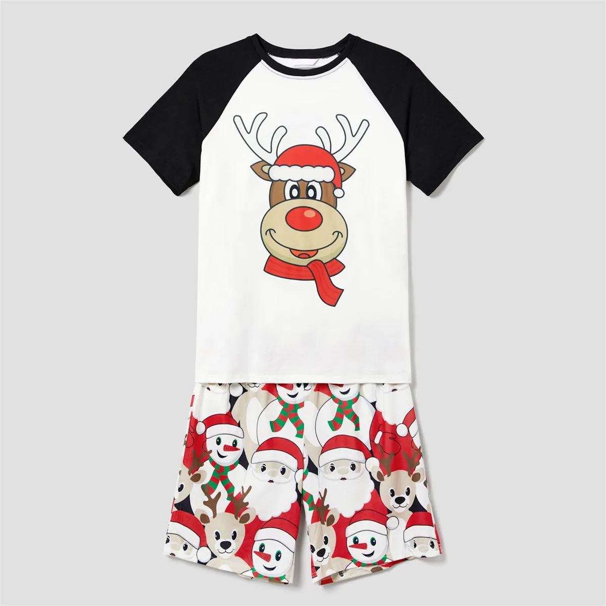 Rudolph Reindeer Hat Scarf Short Sleeve Christmas Pajamas Set Allover Santa Snowman Reindeer Print