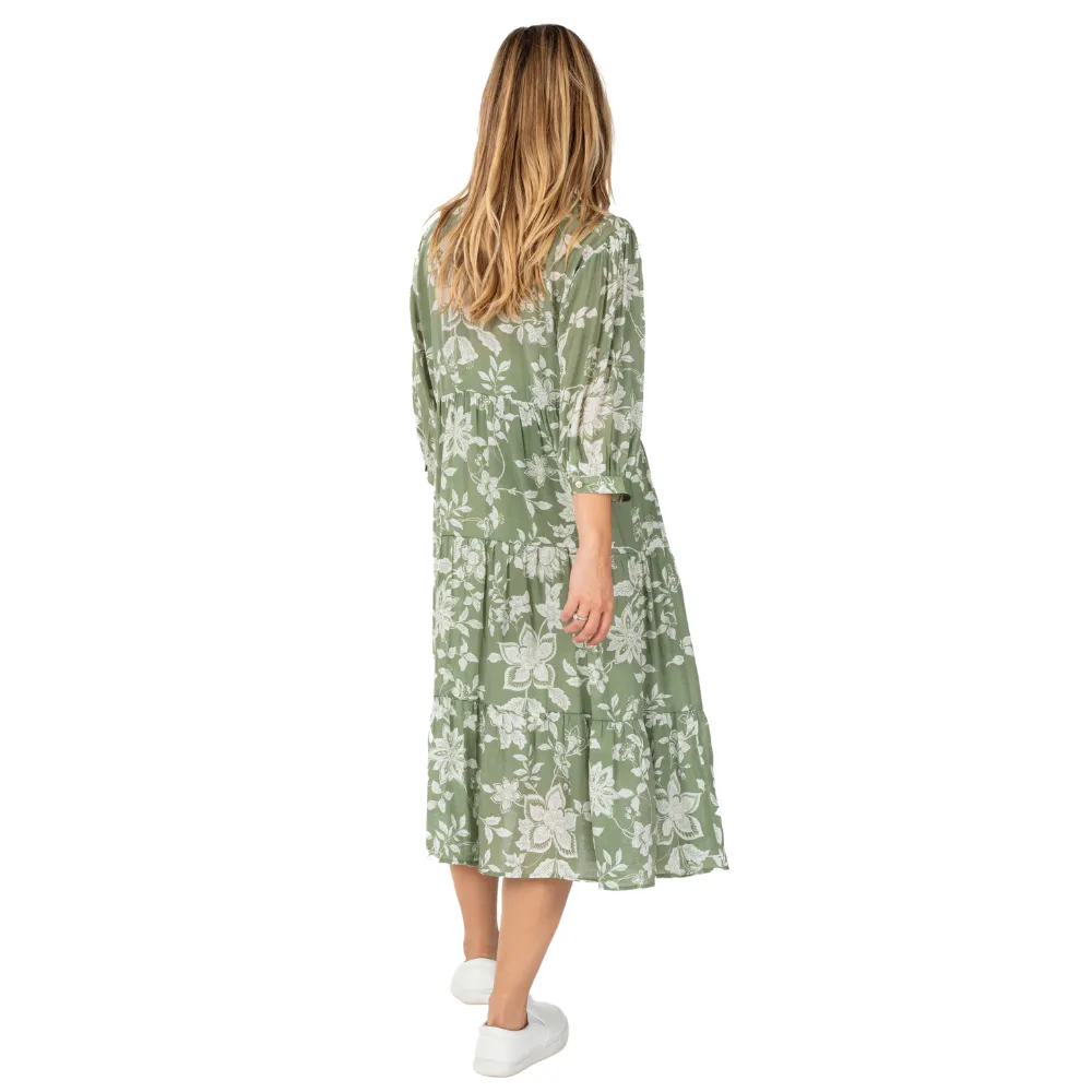 Sage Button Front Tiered Dress