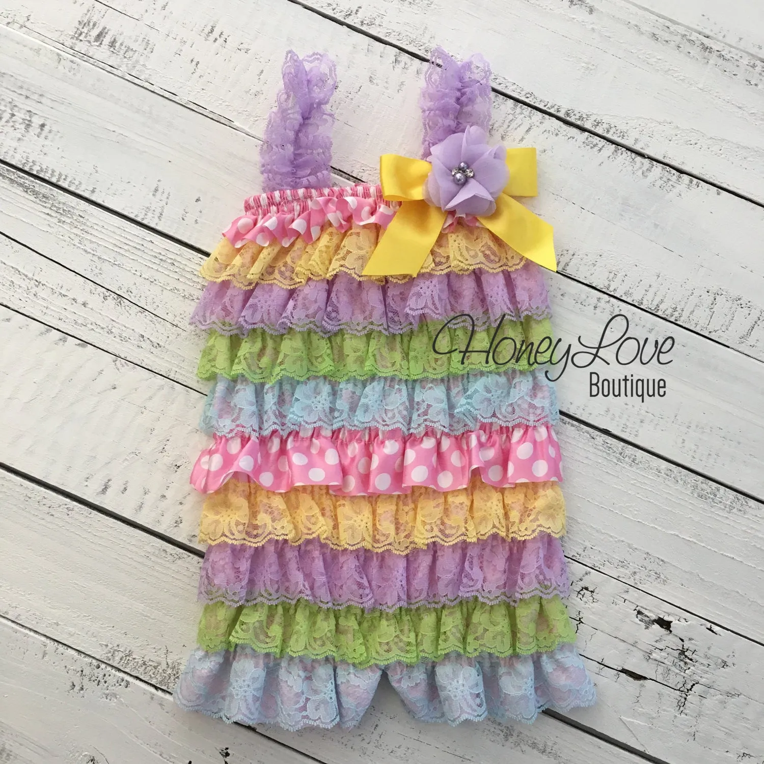 Satin & Lace Petti Romper - Easter Pastels - with lavender flower embellishment