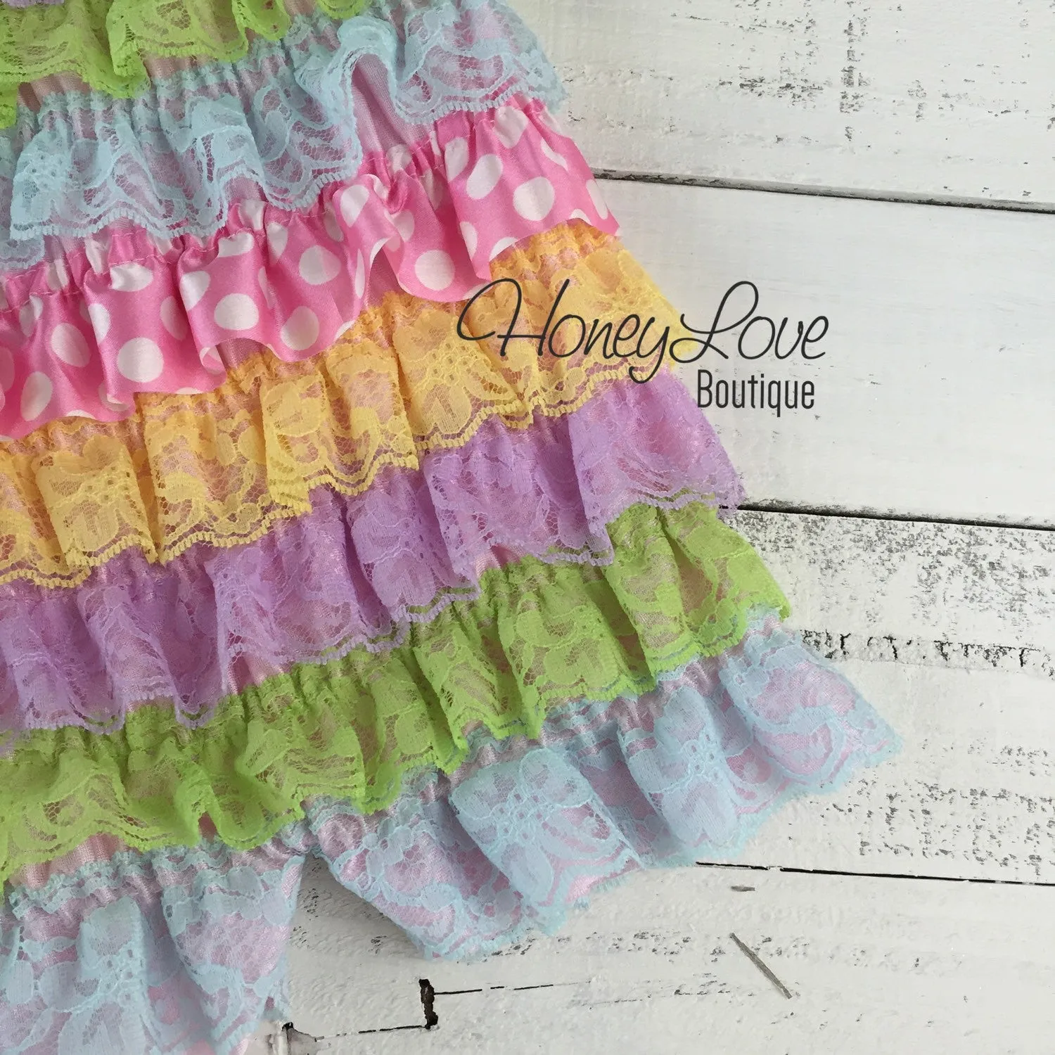 Satin & Lace Petti Romper - Easter Pastels - with lavender flower embellishment