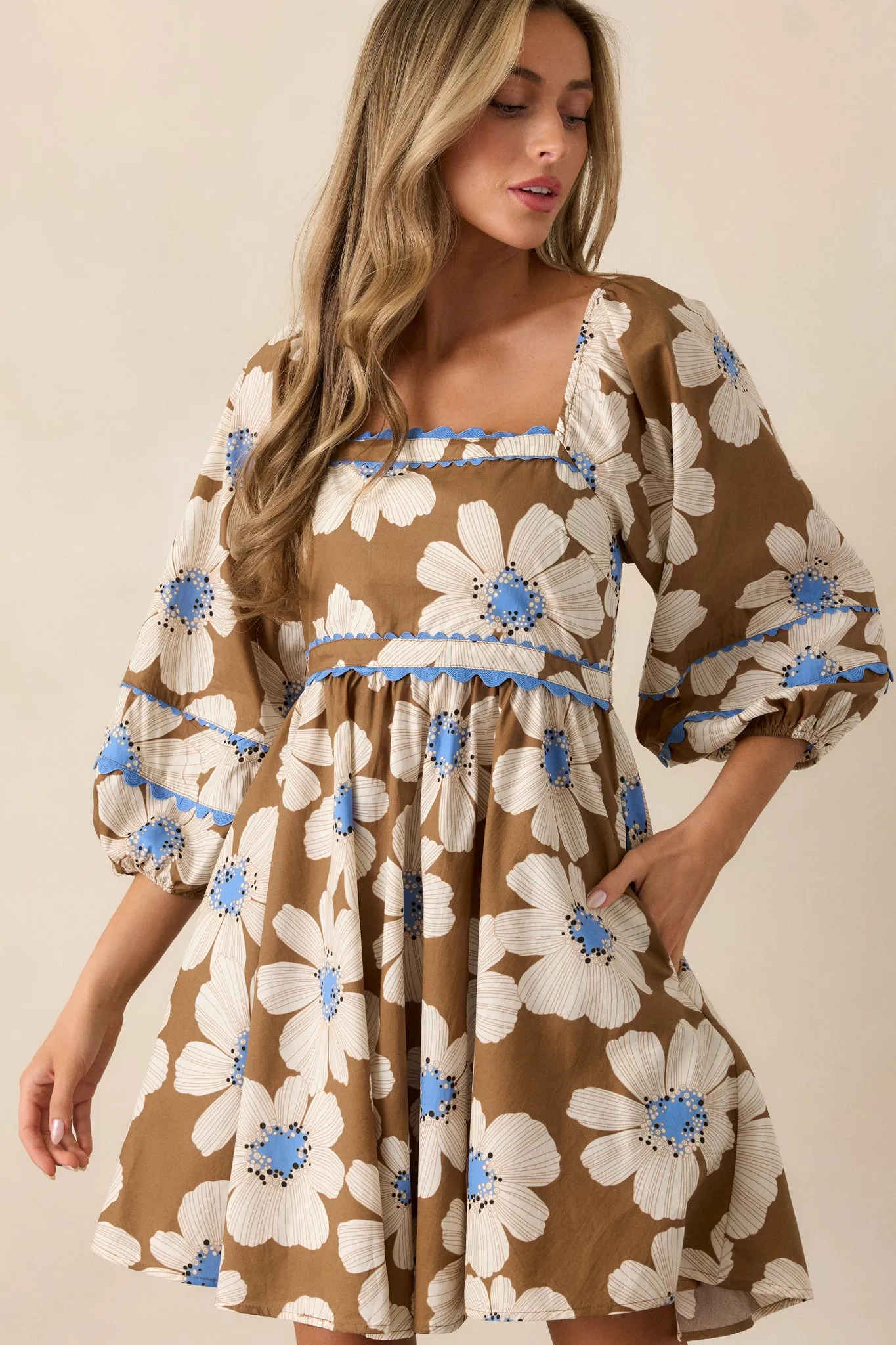 See The Spark 100% Cotton Camel Brown Floral Mini Dress