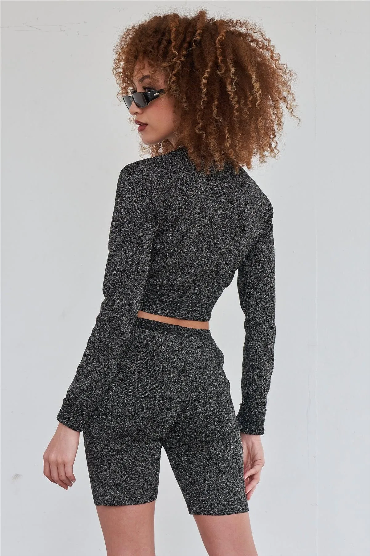 Sexy Sparkly Metallic Black Long Sleeve Crop Cardigan Sweater Biker Short Set /2-2-2