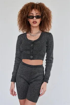 Sexy Sparkly Metallic Black Long Sleeve Crop Cardigan Sweater Biker Short Set /2-2-2