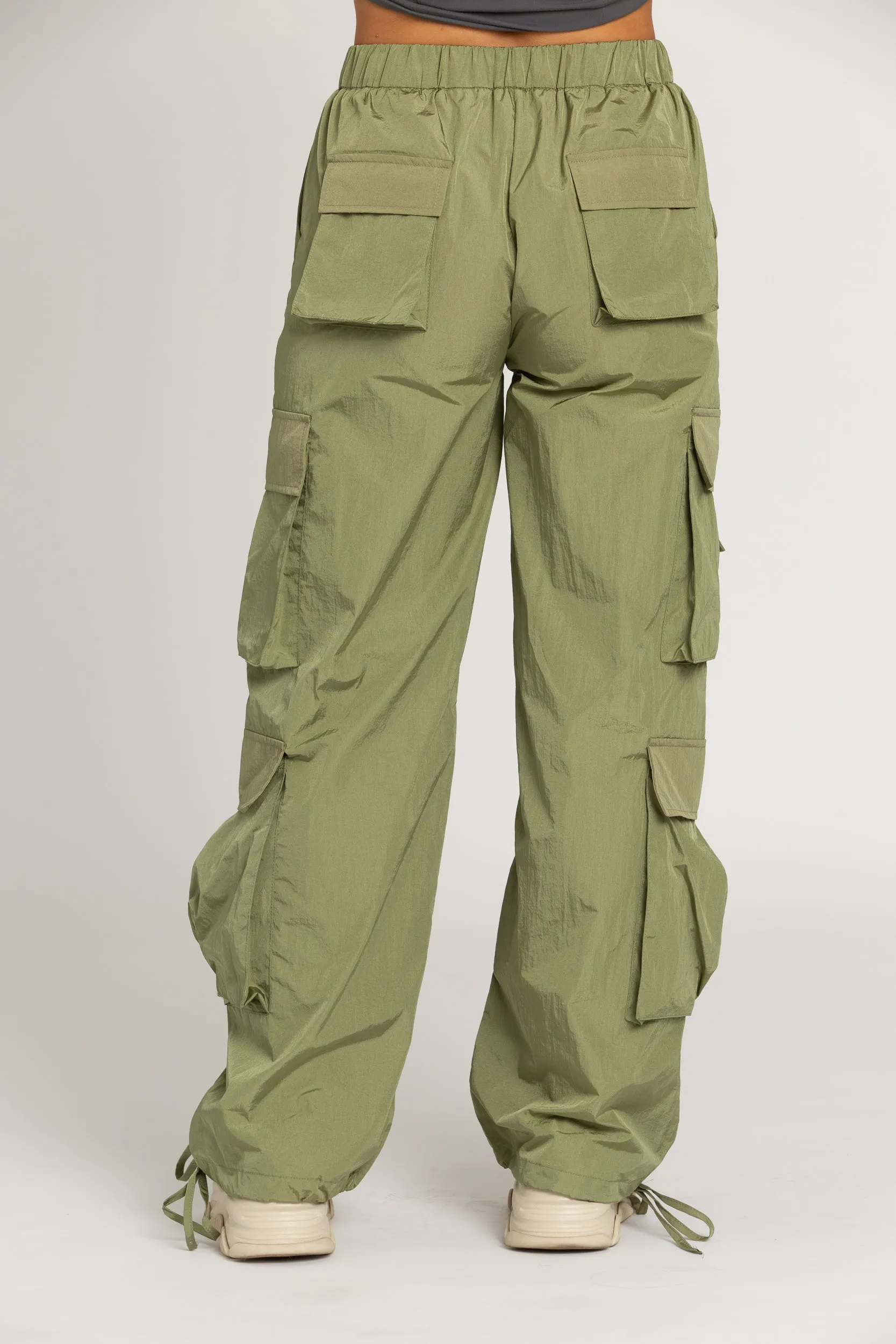 Shiny Olive Green Parachute Pants