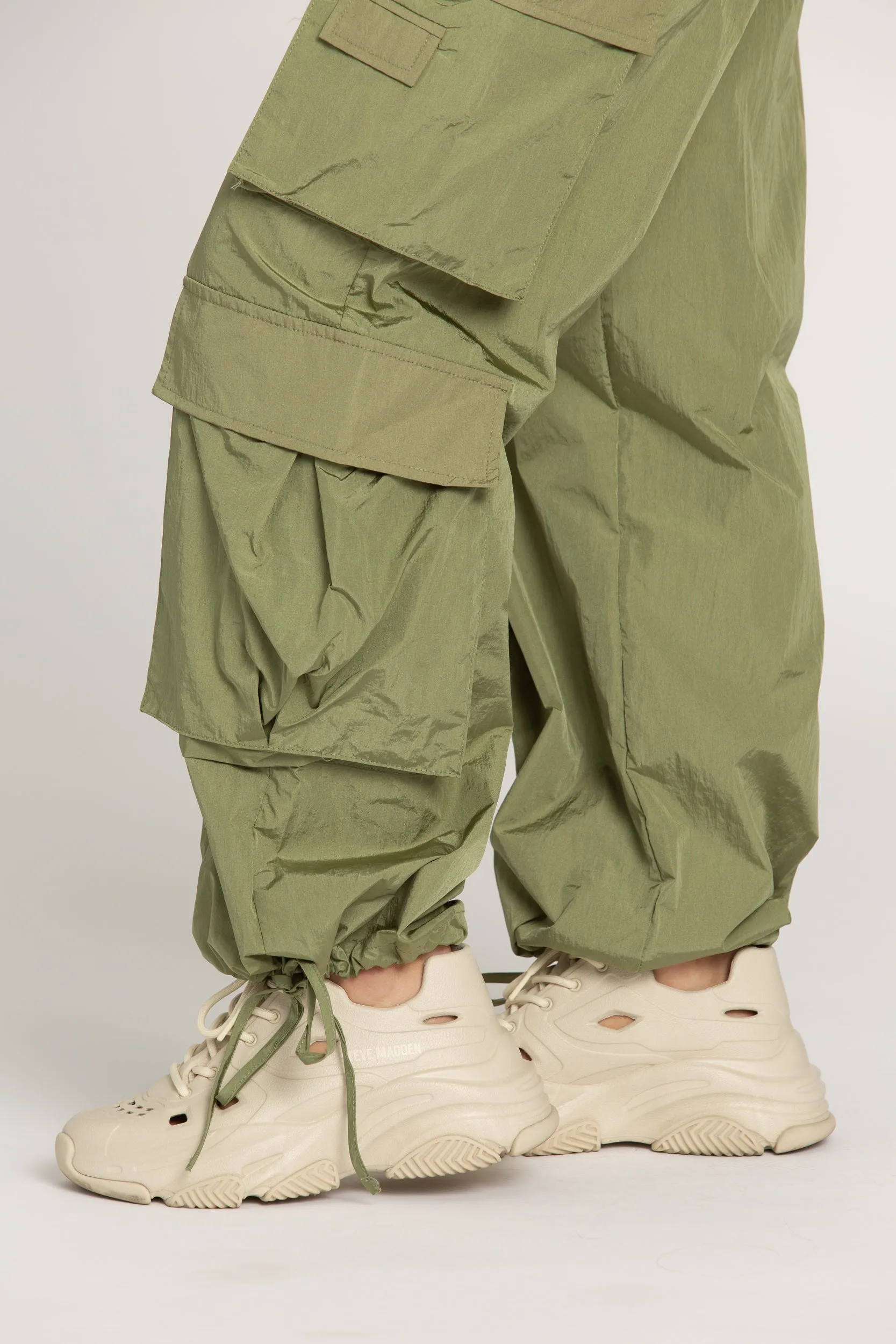 Shiny Olive Green Parachute Pants