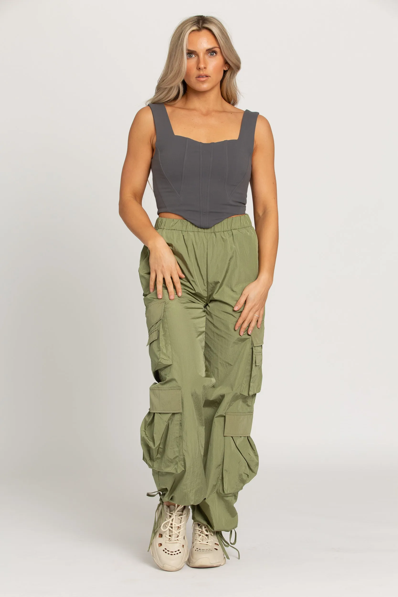 Shiny Olive Green Parachute Pants